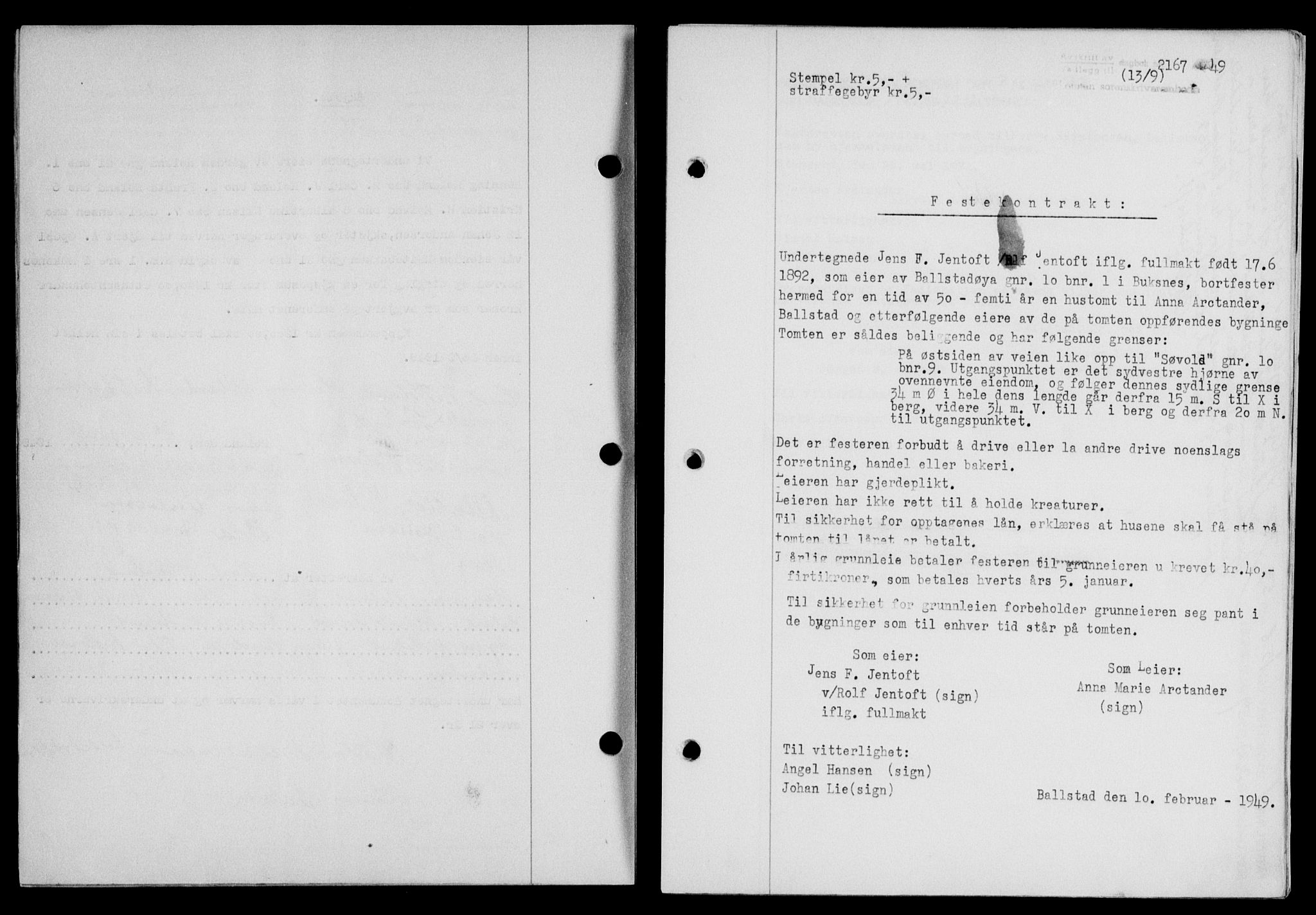 Lofoten sorenskriveri, SAT/A-0017/1/2/2C/L0021a: Mortgage book no. 21a, 1949-1949, Diary no: : 2167/1949