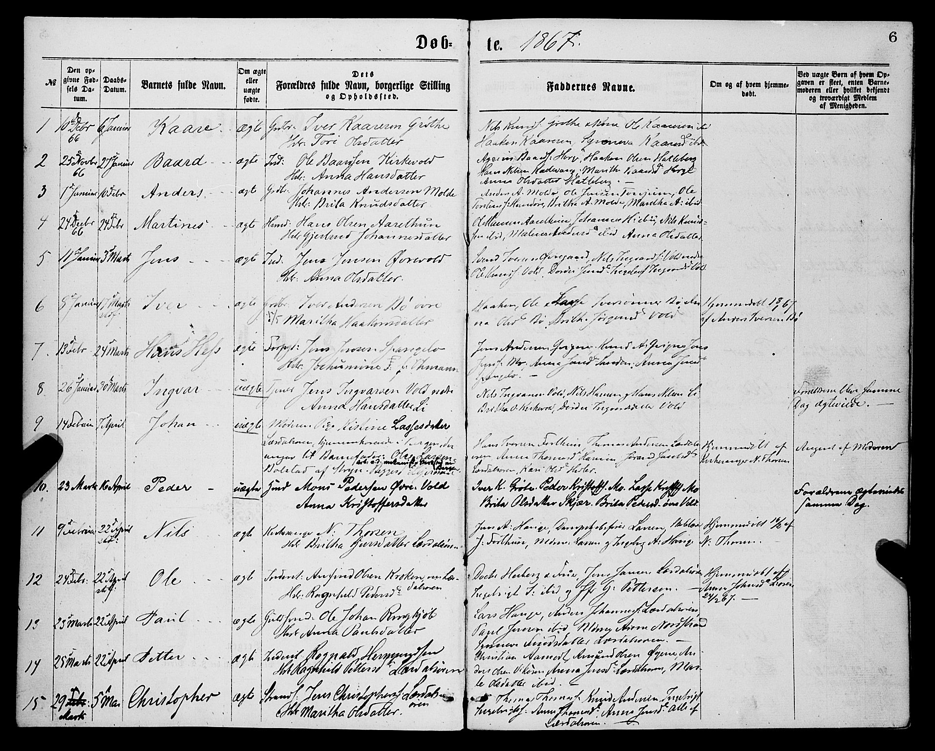 Lærdal sokneprestembete, SAB/A-81201: Parish register (official) no. A 12, 1867-1877, p. 6
