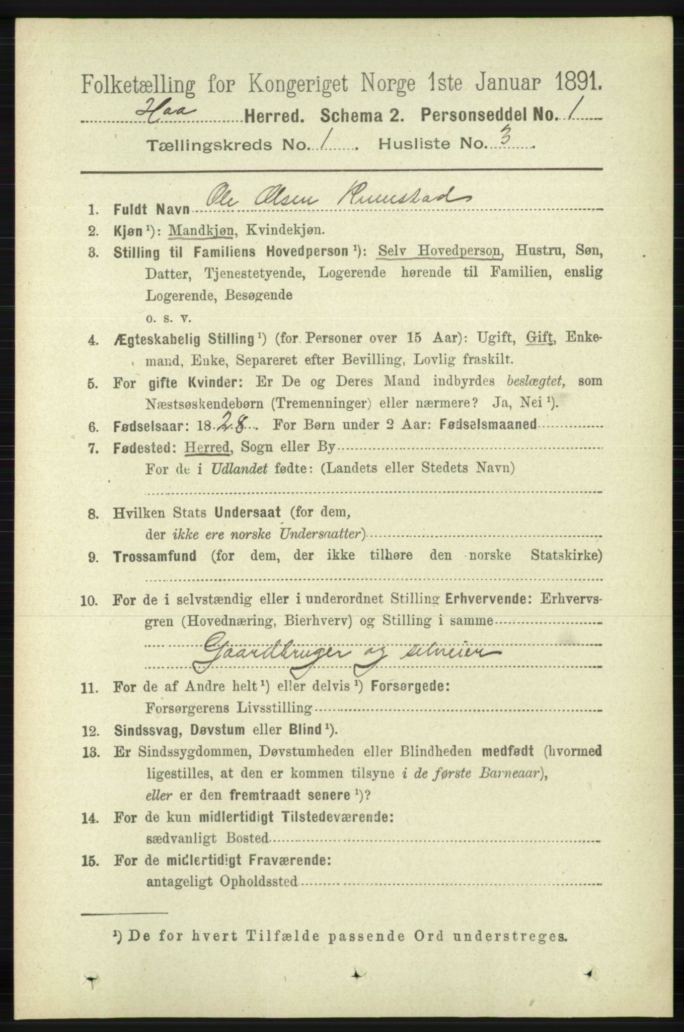 RA, 1891 census for 1119 Hå, 1891, p. 96