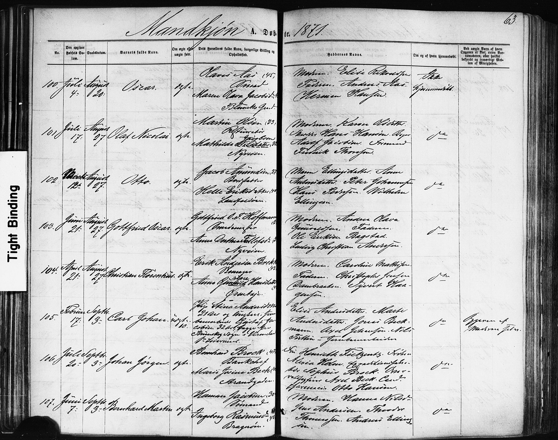 Bragernes kirkebøker, AV/SAKO-A-6/F/Fb/L0004: Parish register (official) no. II 4, 1869-1875, p. 63