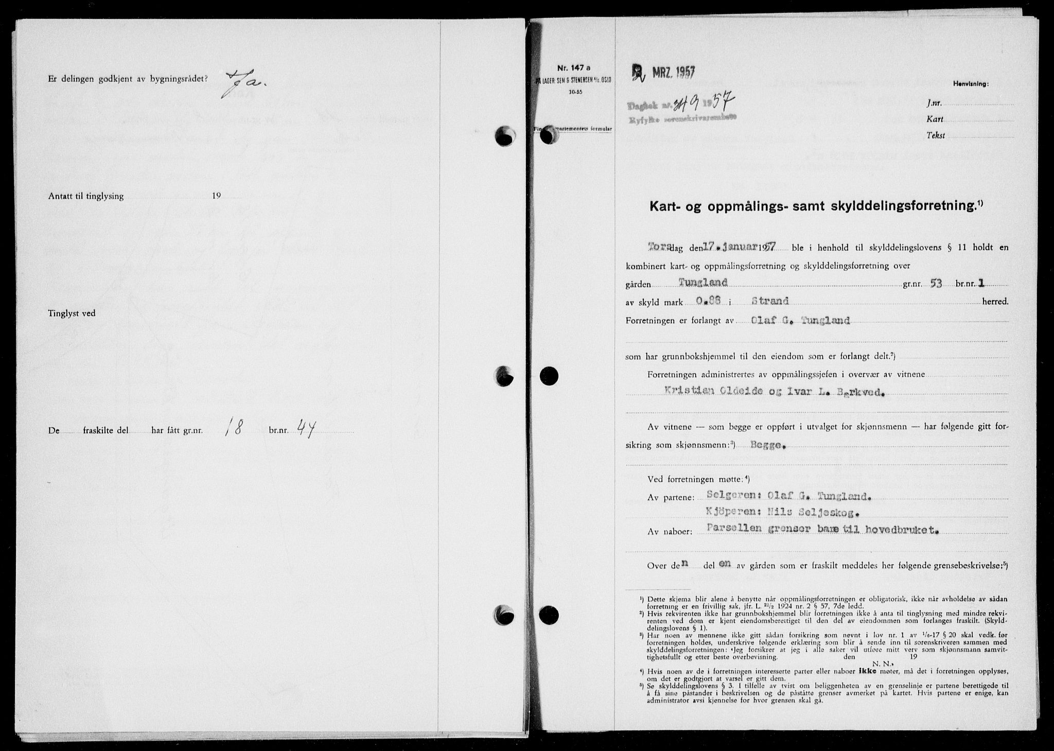 Ryfylke tingrett, AV/SAST-A-100055/001/II/IIB/L0135: Mortgage book no. 114, 1956-1957, Diary no: : 349/1957