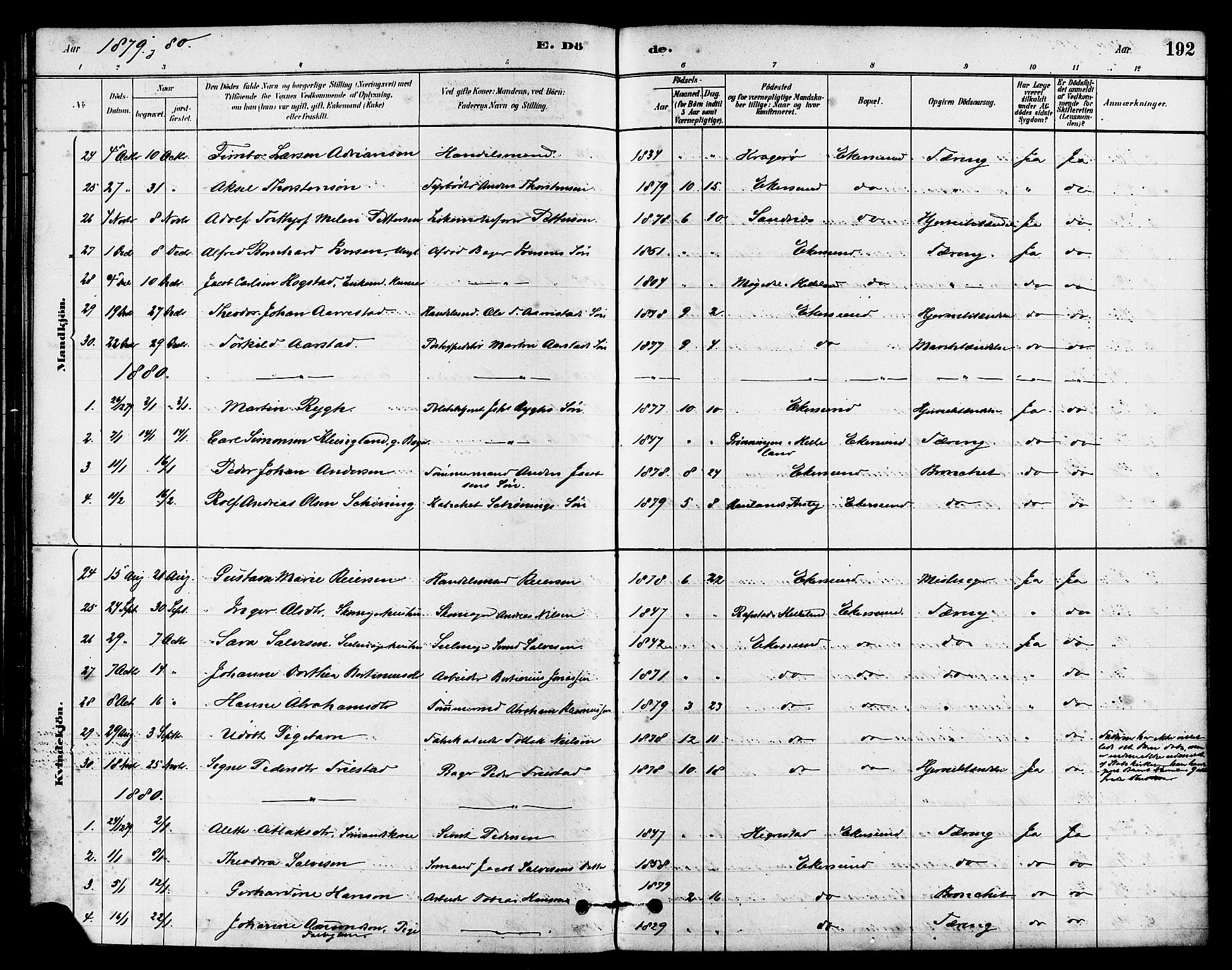 Eigersund sokneprestkontor, SAST/A-101807/S08/L0015: Parish register (official) no. A 15, 1879-1892, p. 192