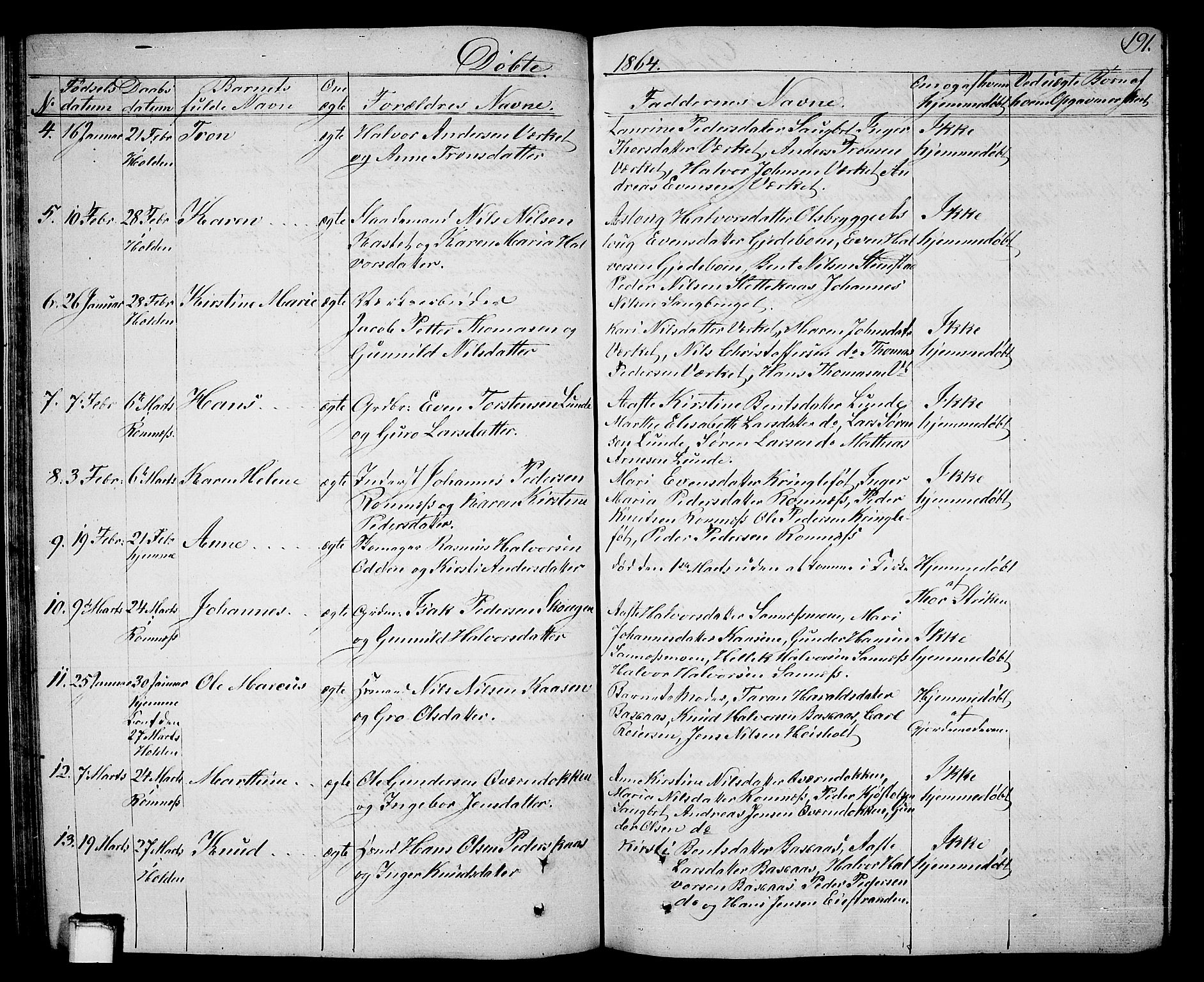 Holla kirkebøker, SAKO/A-272/G/Ga/L0003: Parish register (copy) no. I 3, 1849-1866, p. 191