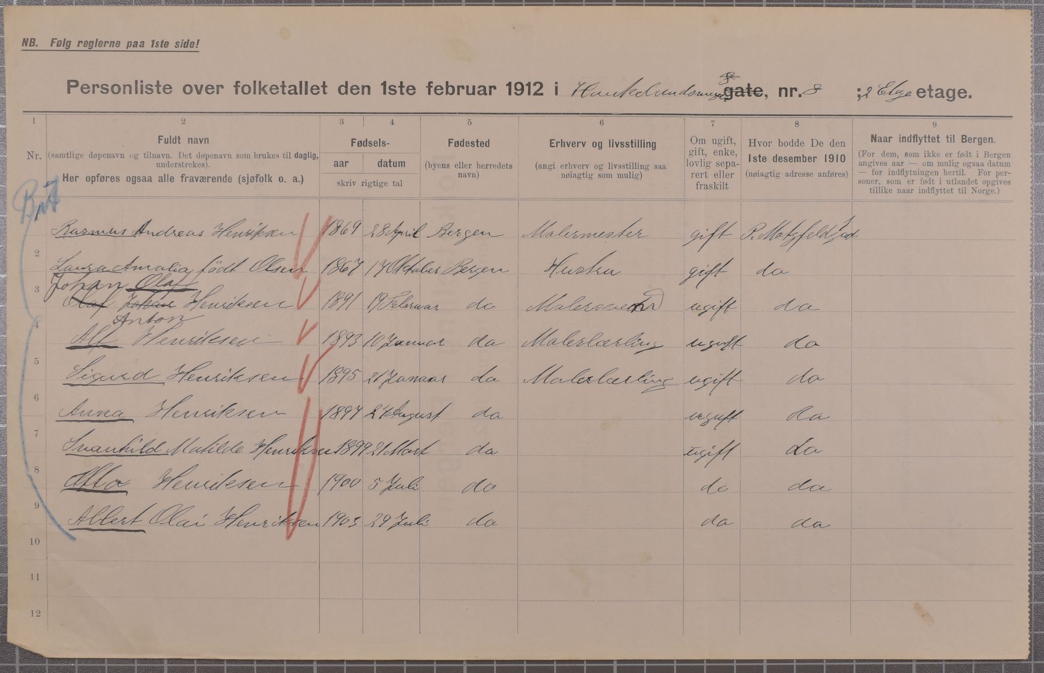 SAB, Municipal Census 1912 for Bergen, 1912, p. 1850