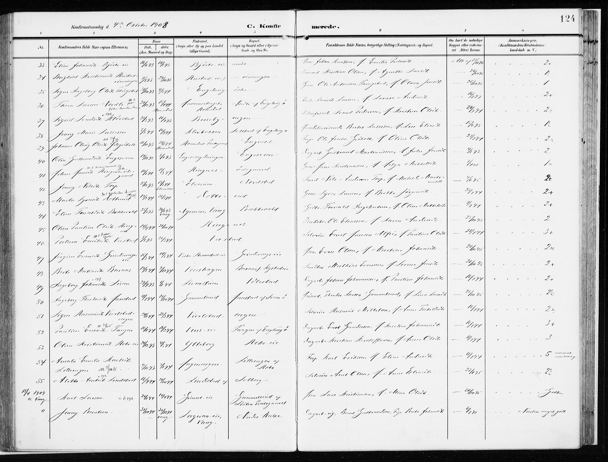 Løten prestekontor, SAH/PREST-022/K/Ka/L0011: Parish register (official) no. 11, 1908-1917, p. 124