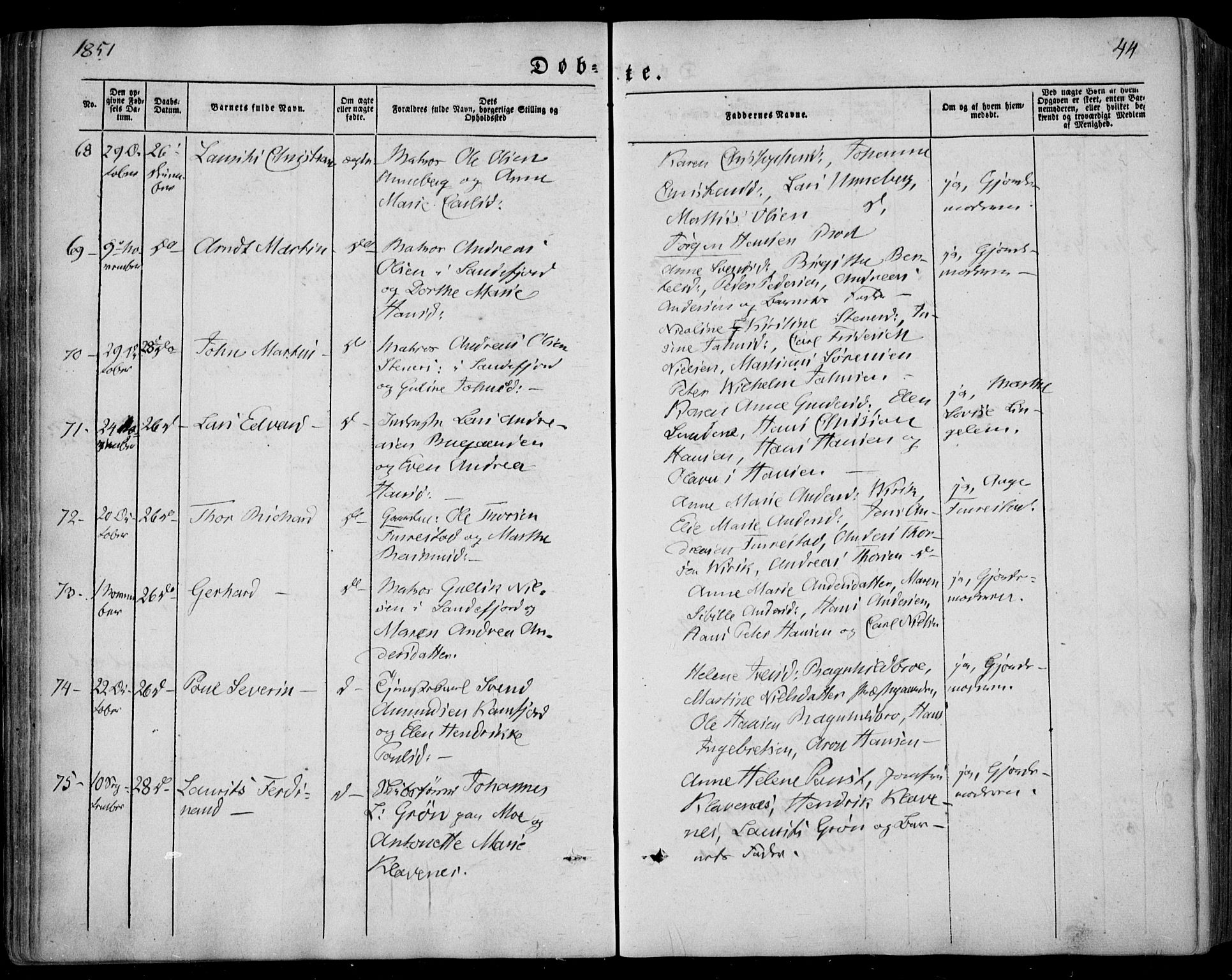 Sandar kirkebøker, SAKO/A-243/F/Fa/L0006: Parish register (official) no. 6, 1847-1860, p. 44