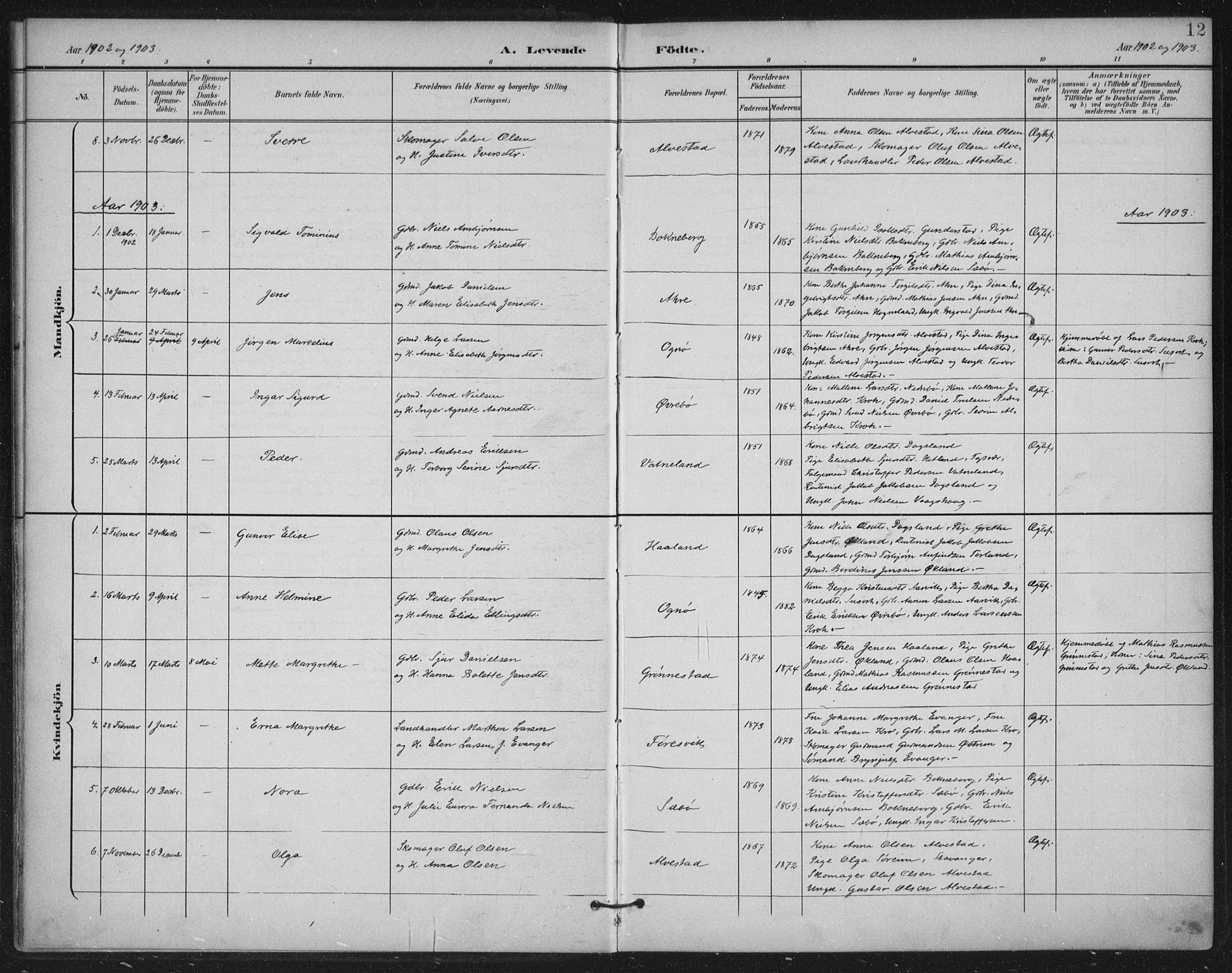 Tysvær sokneprestkontor, AV/SAST-A -101864/H/Ha/Haa/L0009: Parish register (official) no. A 9, 1898-1925, p. 12