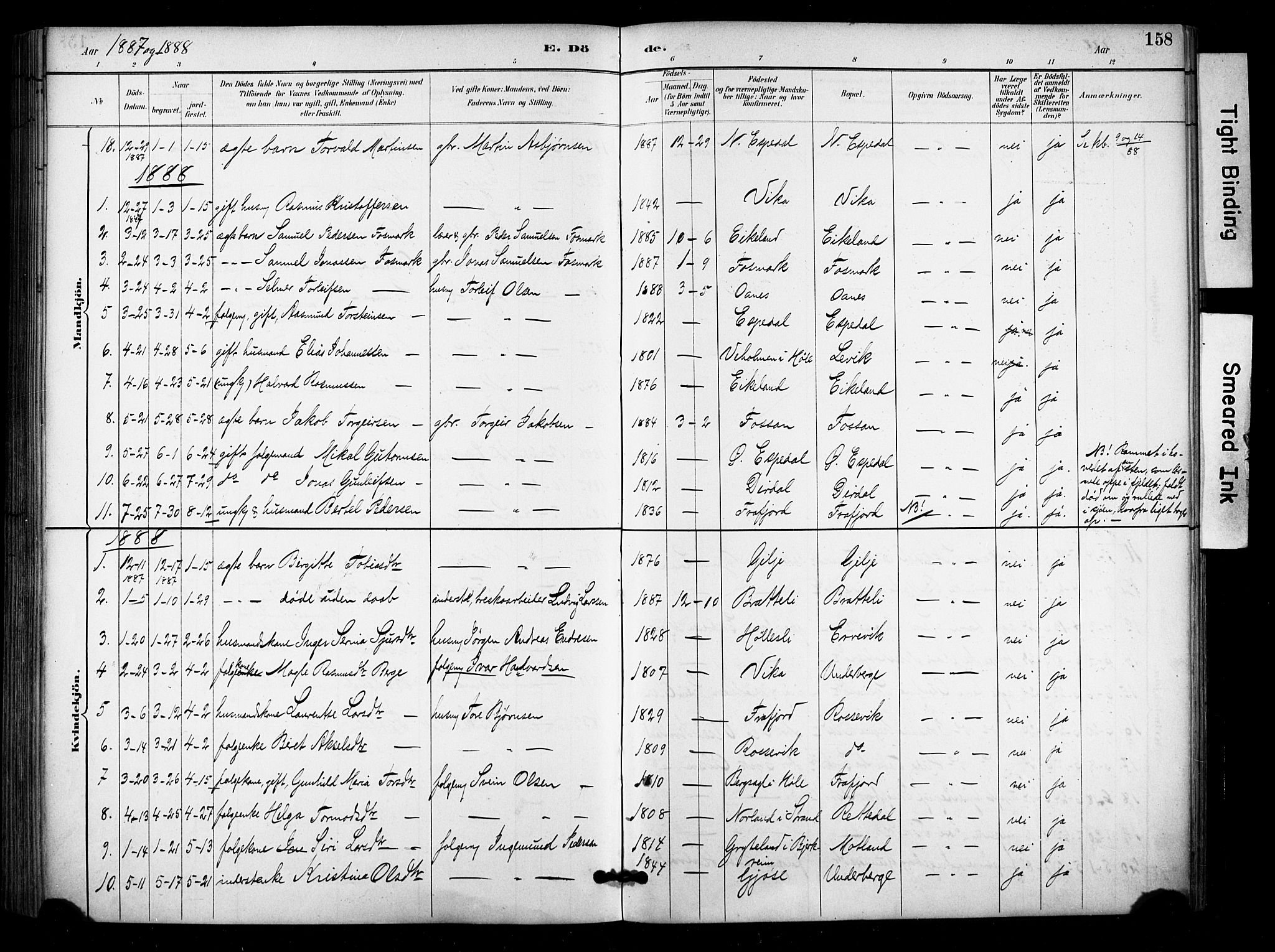 Høgsfjord sokneprestkontor, SAST/A-101624/H/Ha/Haa/L0006: Parish register (official) no. A 6, 1885-1897, p. 158