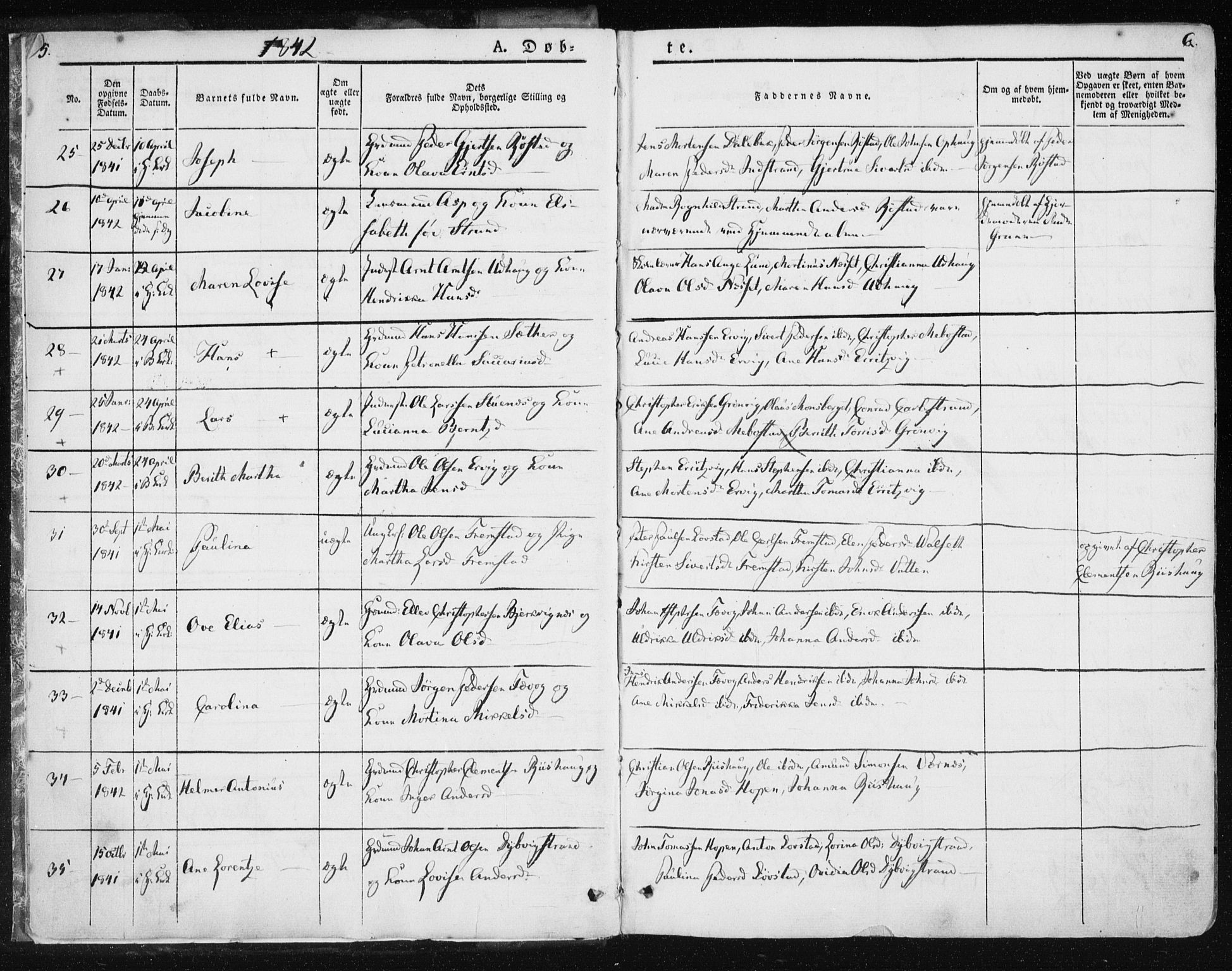 Ministerialprotokoller, klokkerbøker og fødselsregistre - Sør-Trøndelag, AV/SAT-A-1456/659/L0736: Parish register (official) no. 659A06, 1842-1856, p. 5-6