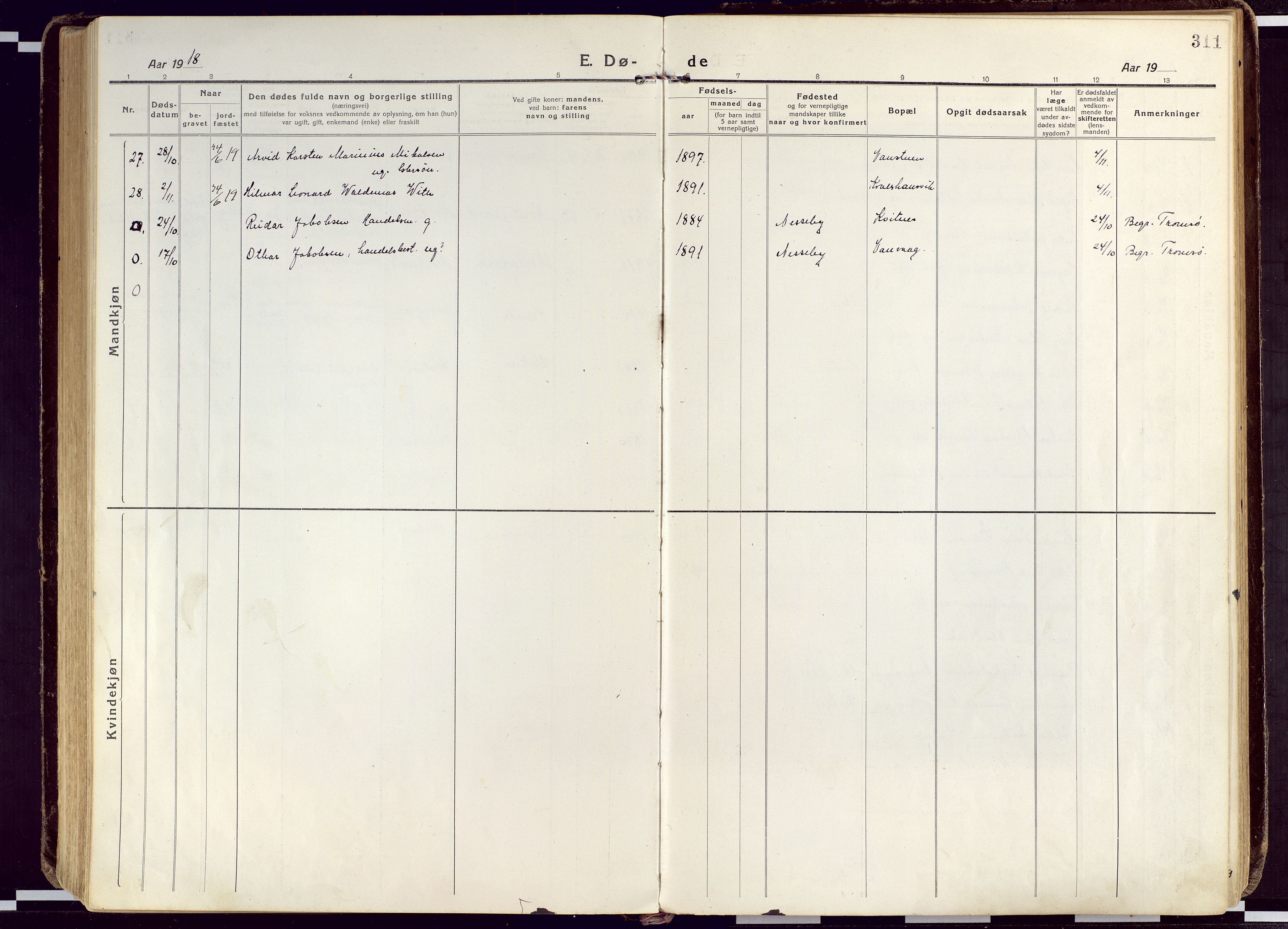 Karlsøy sokneprestembete, SATØ/S-1299/H/Ha/Haa/L0015kirke: Parish register (official) no. 15, 1918-1929, p. 311