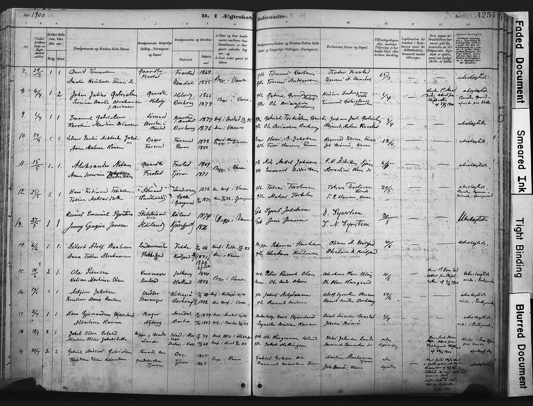 Lista sokneprestkontor, AV/SAK-1111-0027/F/Fa/L0012: Parish register (official) no. A 12, 1879-1903, p. 425