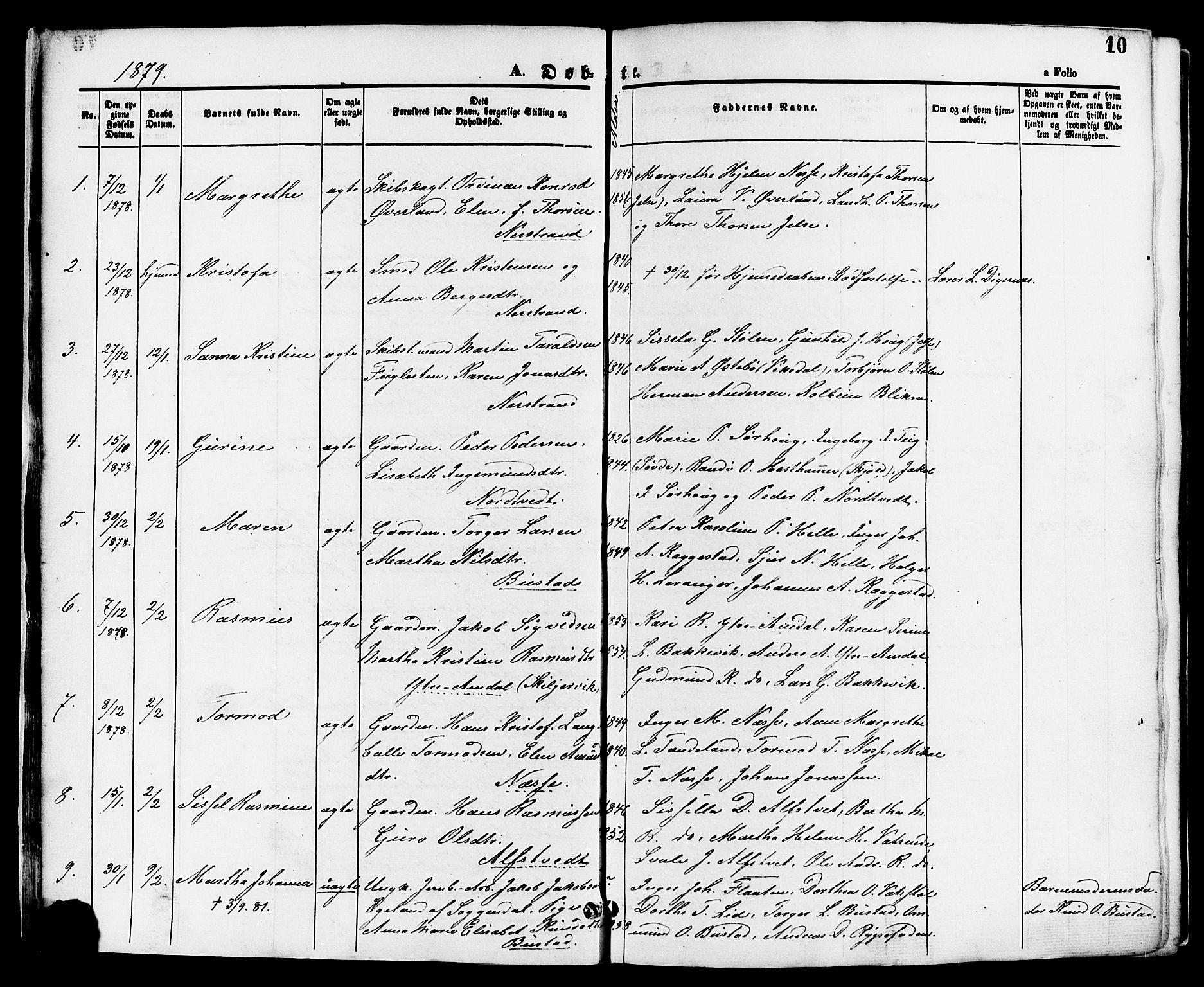 Nedstrand sokneprestkontor, SAST/A-101841/01/IV: Parish register (official) no. A 11, 1877-1887, p. 10