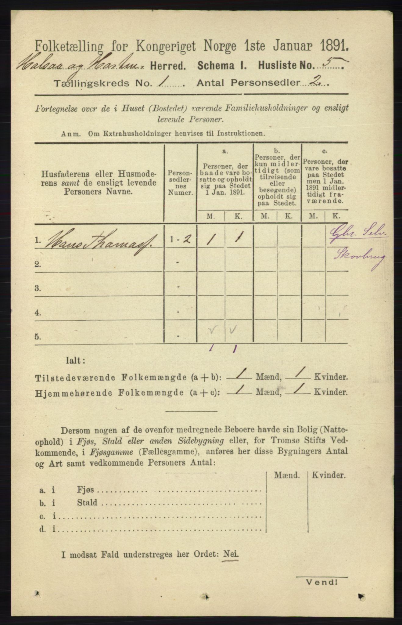 RA, 1891 census for 1019 Halse og Harkmark, 1891, p. 30