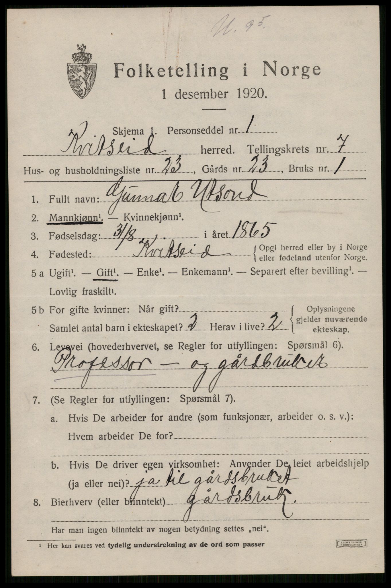SAKO, 1920 census for Kviteseid, 1920, p. 3721