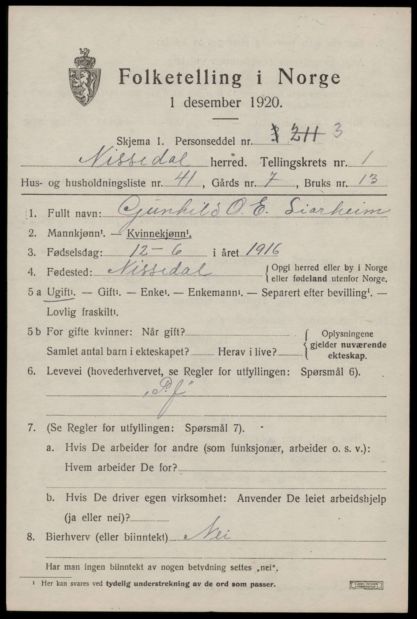 SAKO, 1920 census for Nissedal, 1920, p. 1255