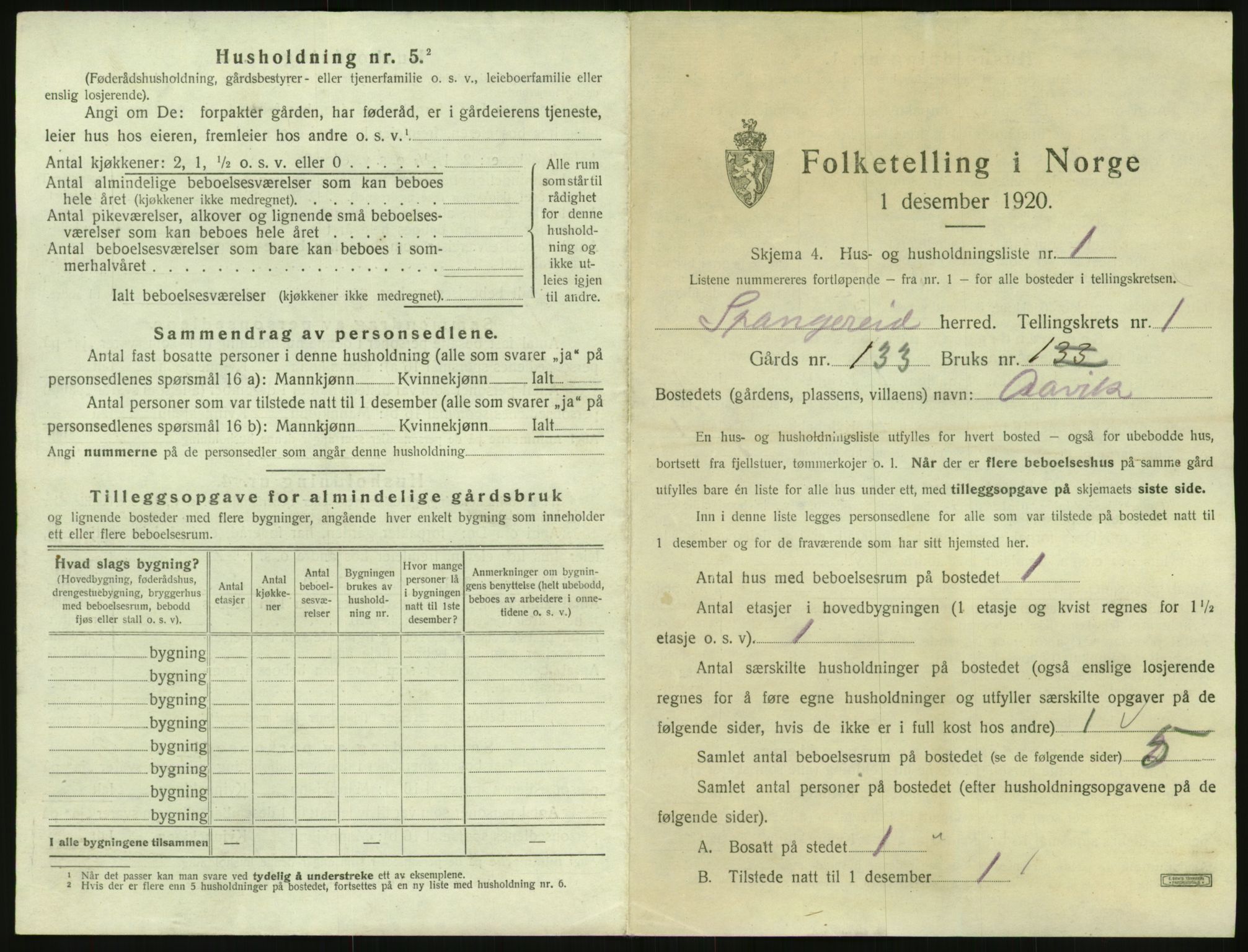 SAK, 1920 census for Spangereid, 1920, p. 53