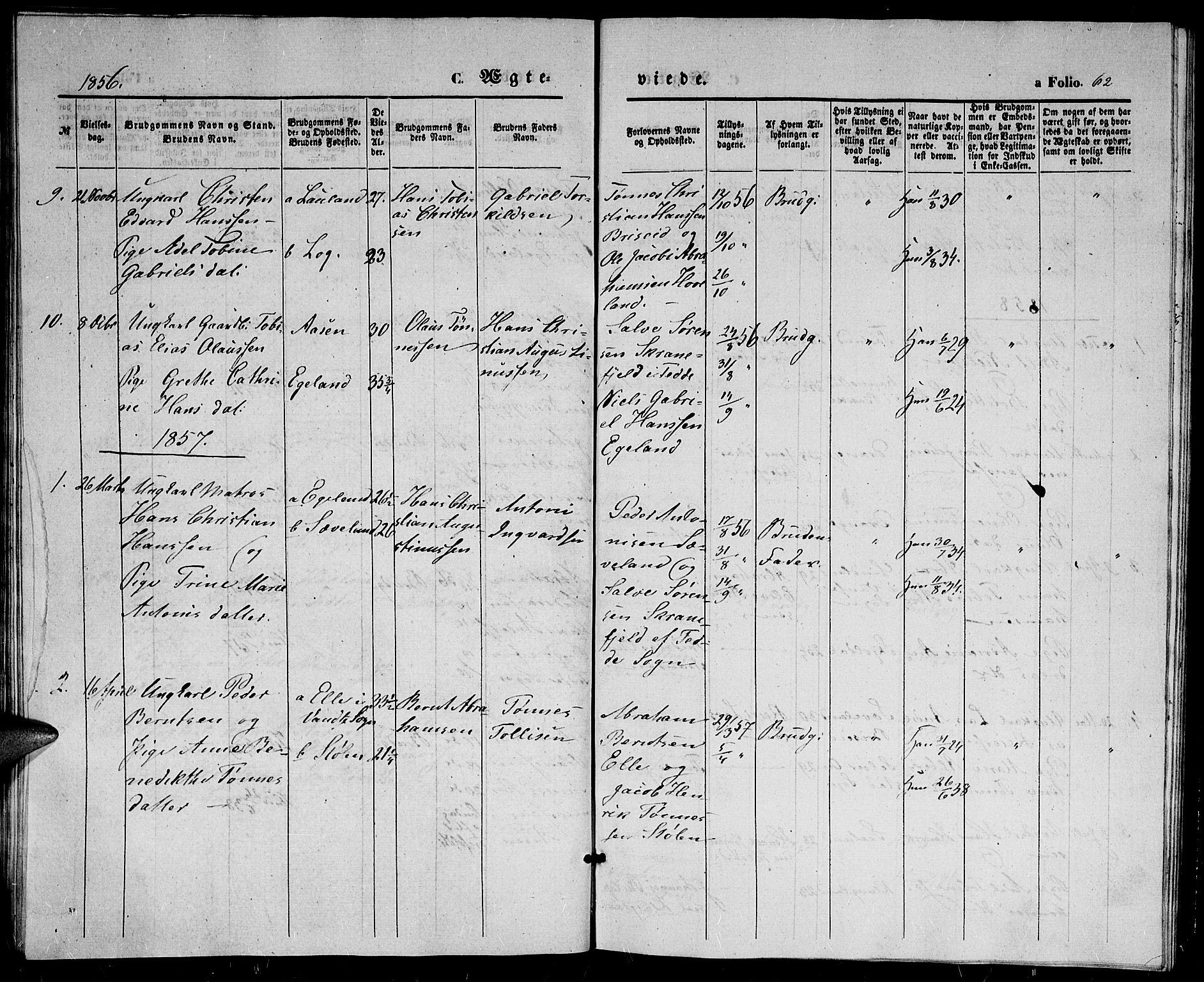 Herad sokneprestkontor, SAK/1111-0018/F/Fb/Fba/L0002: Parish register (copy) no. B 2, 1852-1862, p. 62