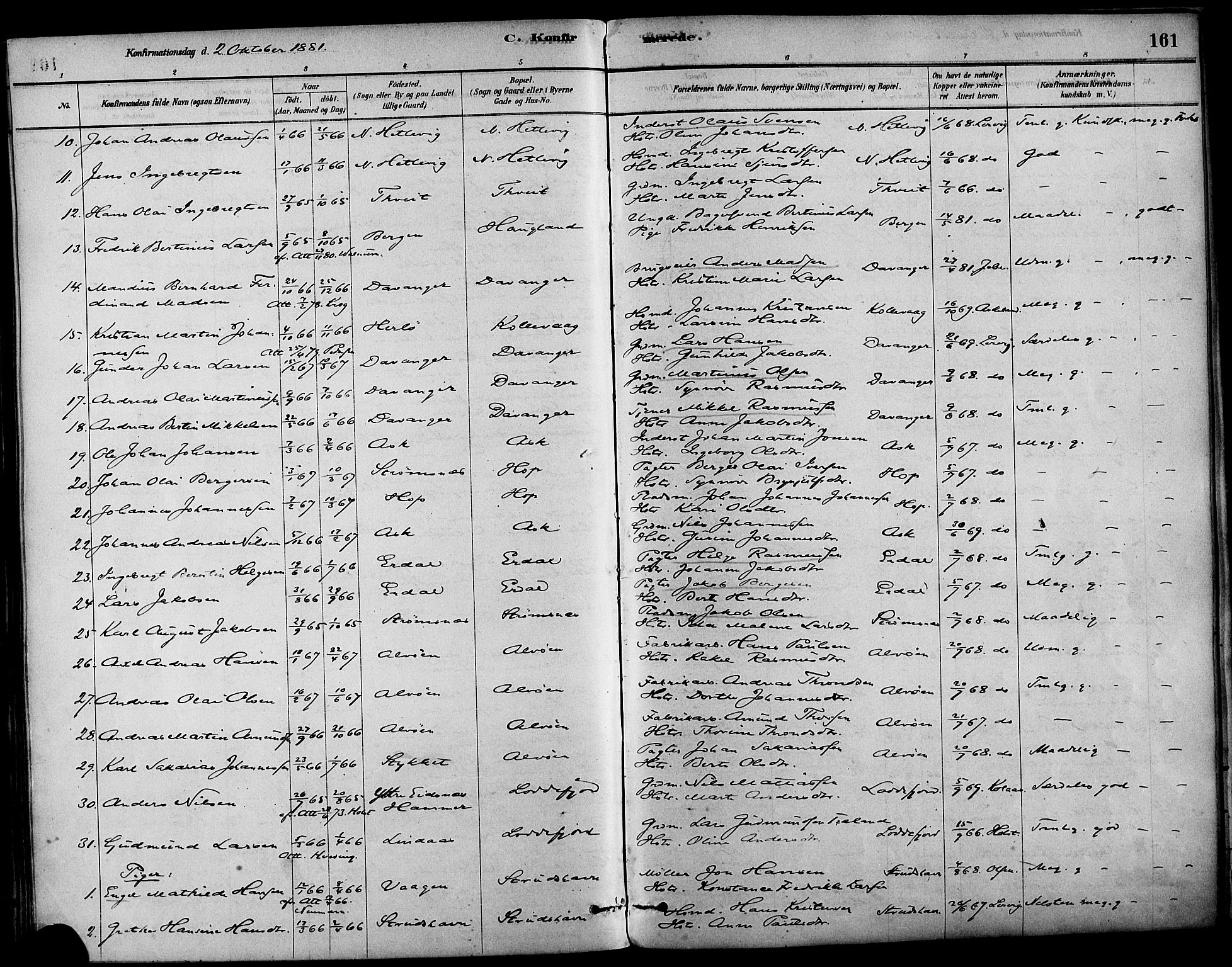 Askøy Sokneprestembete, SAB/A-74101/H/Ha/Haa/Haab/L0001: Parish register (official) no. B 1, 1878-1889, p. 161