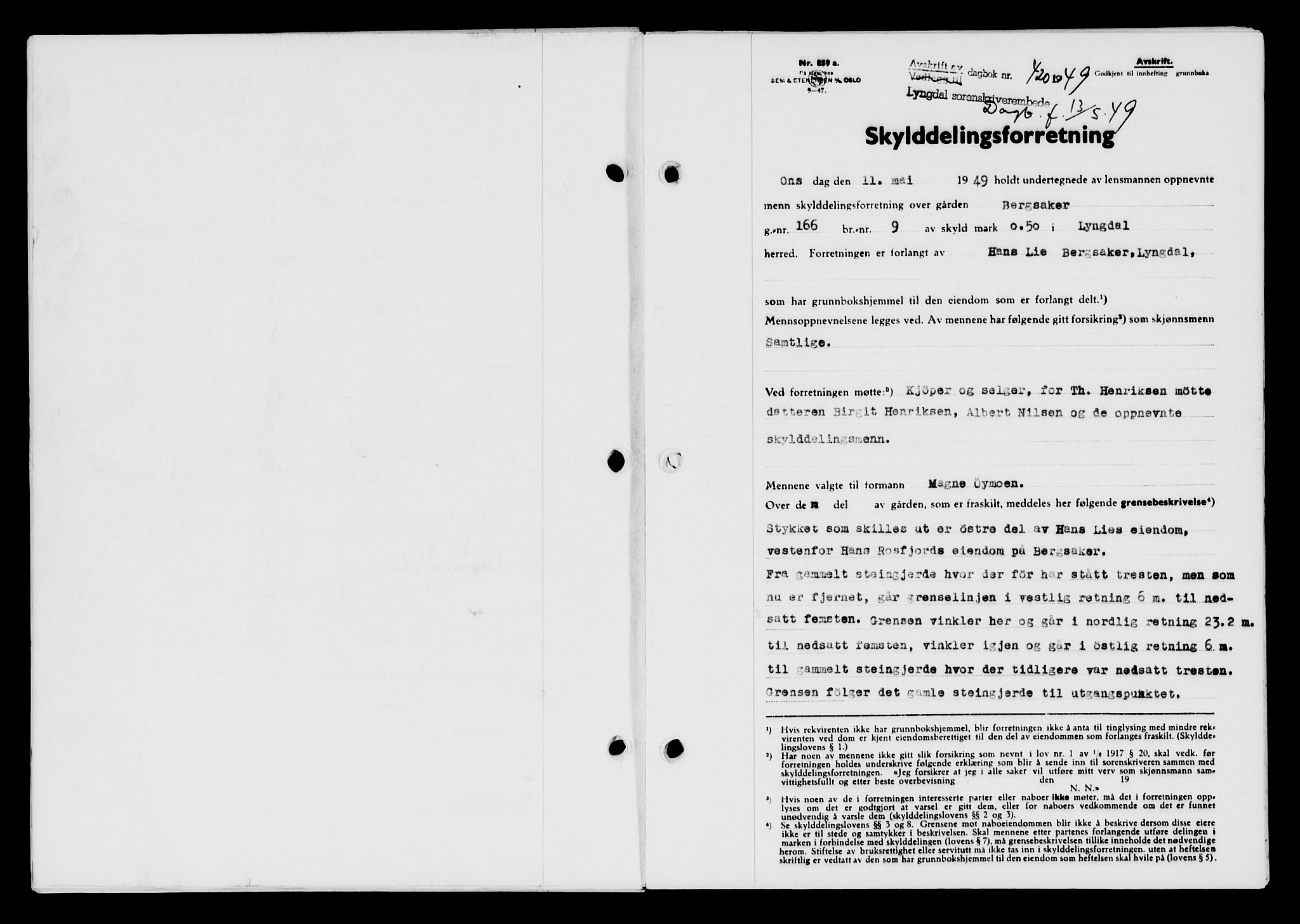 Lyngdal sorenskriveri, AV/SAK-1221-0004/G/Gb/L0663: Mortgage book no. A IX, 1948-1949, Diary no: : 420/1949