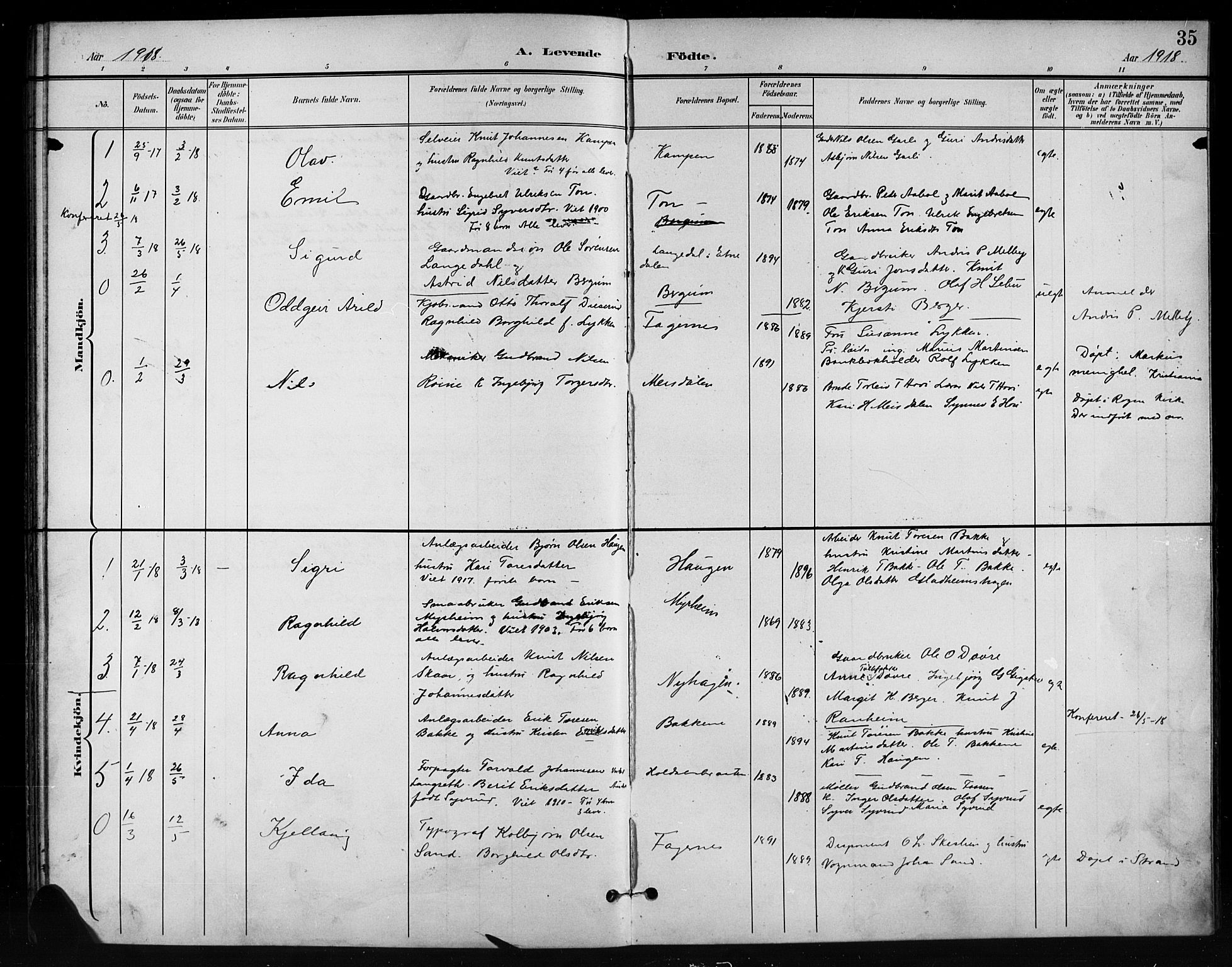 Nord-Aurdal prestekontor, SAH/PREST-132/H/Ha/Hab/L0011: Parish register (copy) no. 11, 1897-1918, p. 35