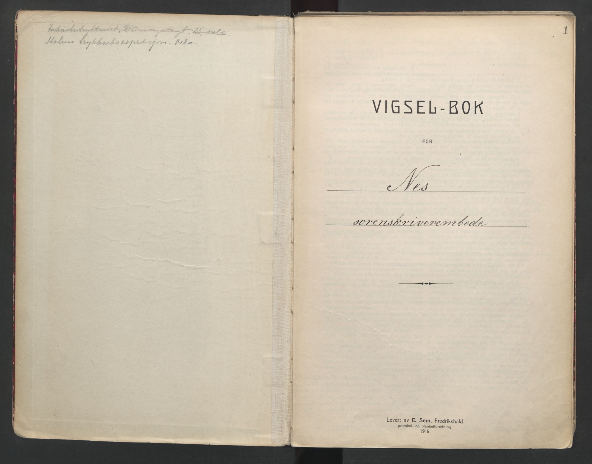 Nes tingrett, SAO/A-10548/L/Lc/Lca/L0001: Vigselbok, 1920-1943, p. 1