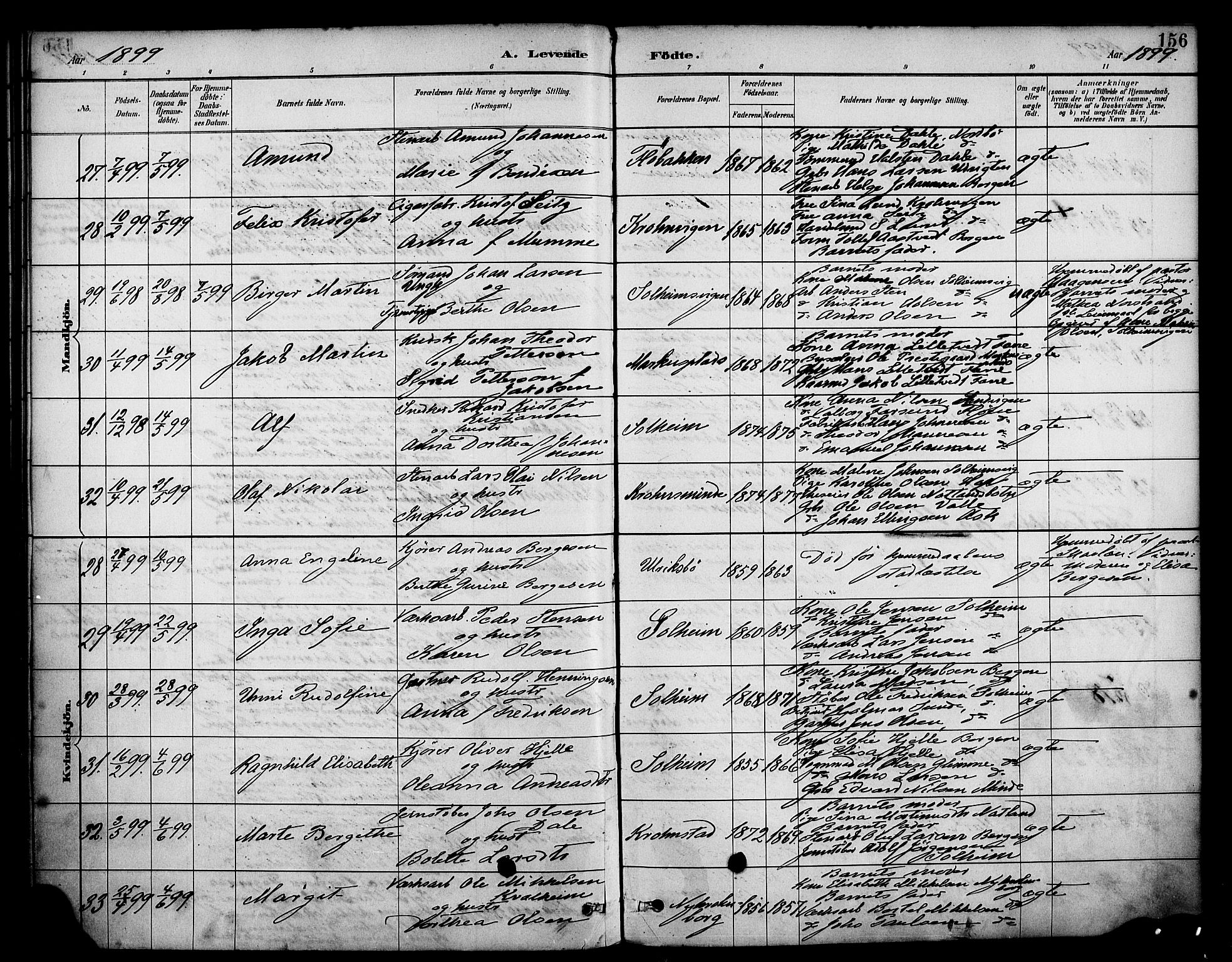 Årstad Sokneprestembete, AV/SAB-A-79301/H/Haa/L0001: Parish register (official) no. A 1, 1886-1901, p. 156