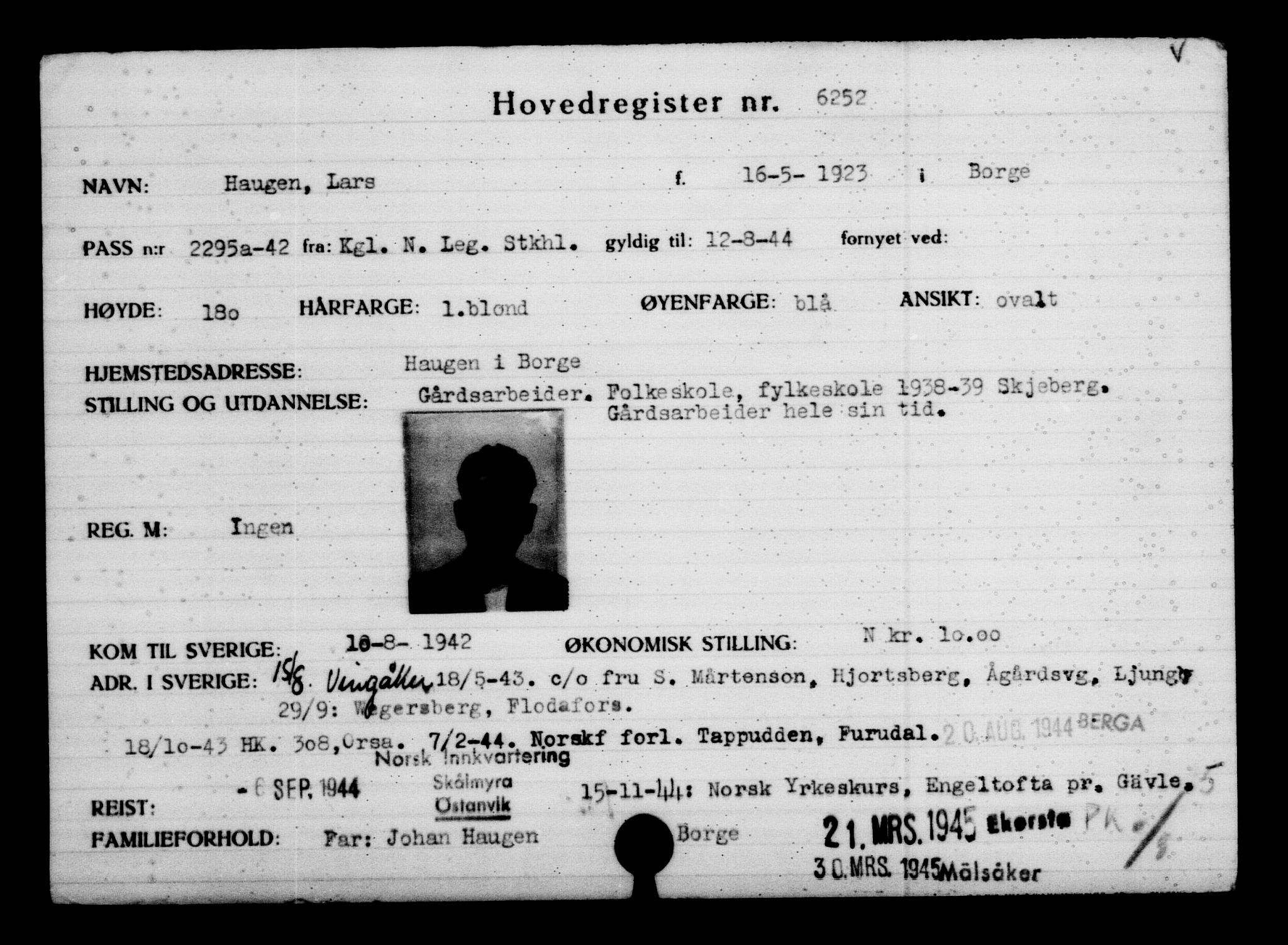Utenriksstasjonene, Legasjonen i Stockholm, Flyktningkontoret, AV/RA-S-6753/V/Va/L0004: Kjesäterkartoteket, flyktninger med registreringsnr. 3496-6610, 1940-1945, p. 3242