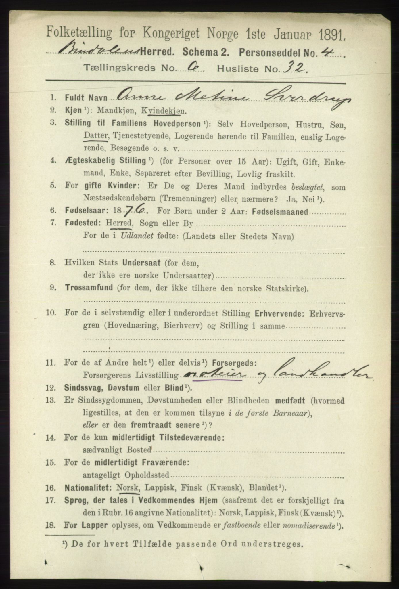 RA, 1891 census for 1811 Bindal, 1891, p. 1926