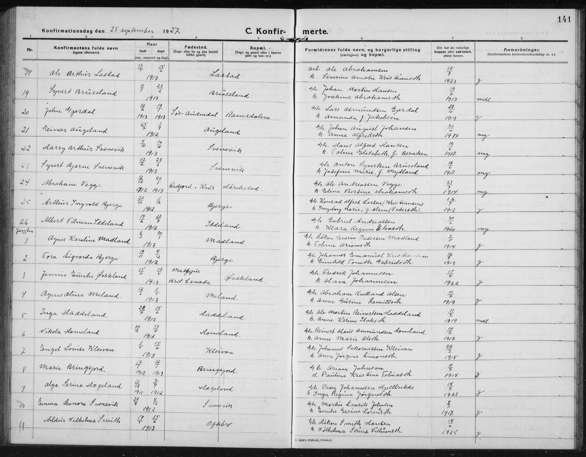 Lyngdal sokneprestkontor, AV/SAK-1111-0029/F/Fb/Fbc/L0006: Parish register (copy) no. B 6, 1914-1934, p. 141