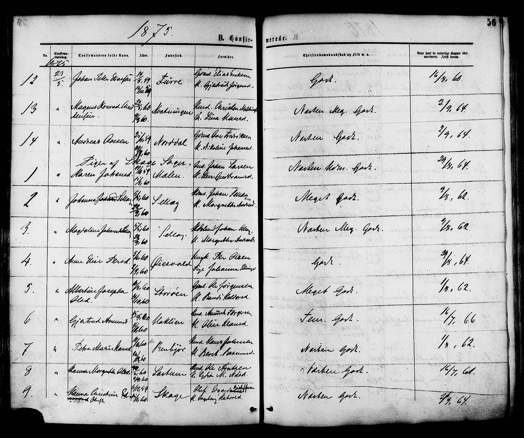 Ministerialprotokoller, klokkerbøker og fødselsregistre - Nord-Trøndelag, AV/SAT-A-1458/764/L0553: Parish register (official) no. 764A08, 1858-1880, p. 56