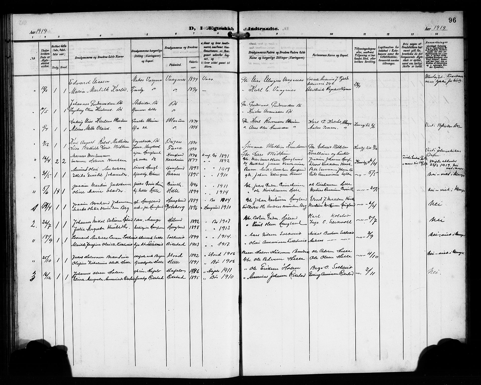 Manger sokneprestembete, SAB/A-76801/H/Hab: Parish register (copy) no. B 4, 1907-1922, p. 96