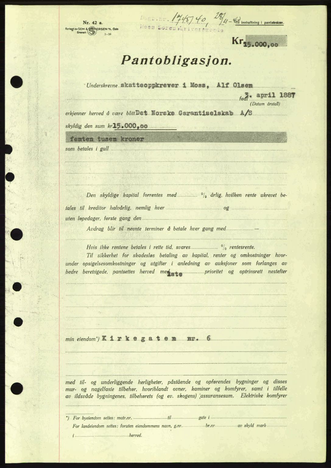 Moss sorenskriveri, SAO/A-10168: Mortgage book no. B10, 1940-1941, Diary no: : 1745/1940