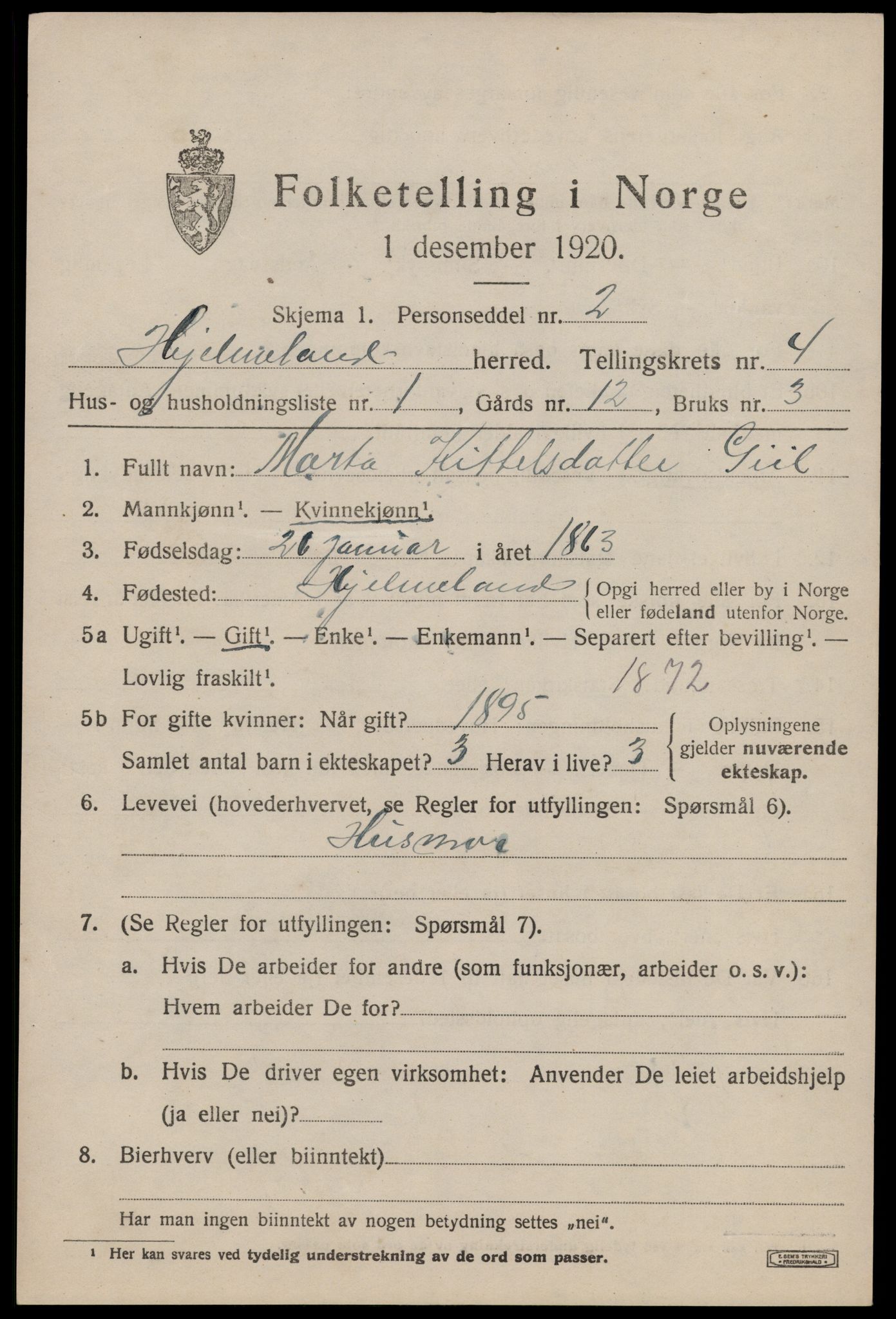 SAST, 1920 census for Hjelmeland, 1920, p. 1511