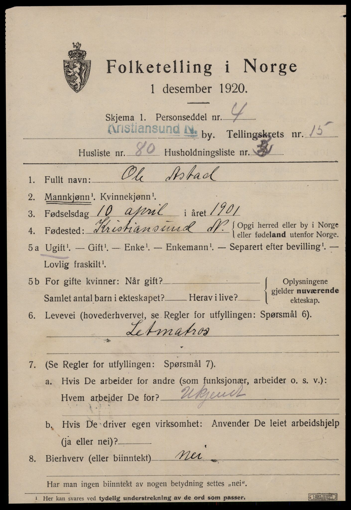 SAT, 1920 census for Kristiansund, 1920, p. 32721