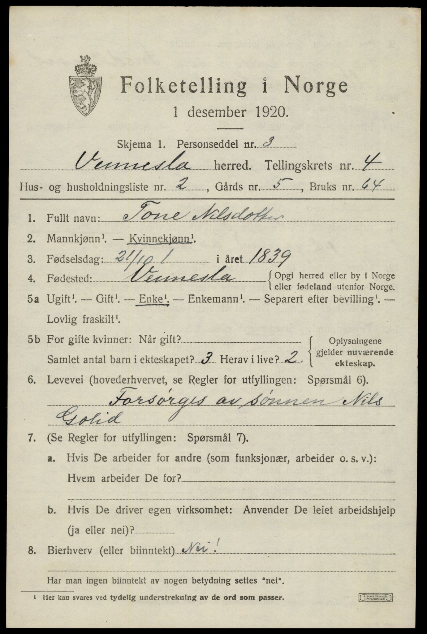 SAK, 1920 census for Vennesla, 1920, p. 2668