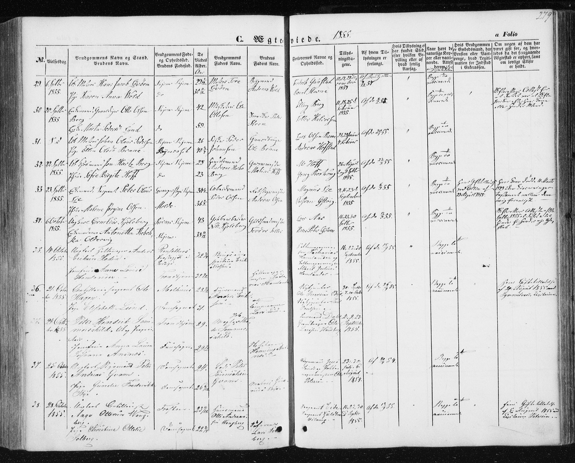 Ministerialprotokoller, klokkerbøker og fødselsregistre - Sør-Trøndelag, AV/SAT-A-1456/602/L0112: Parish register (official) no. 602A10, 1848-1859, p. 279