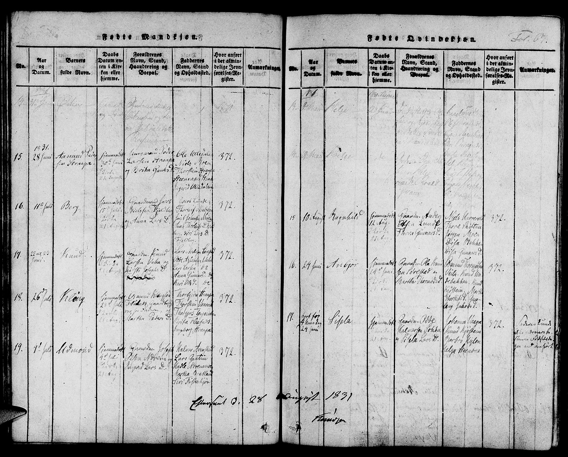 Suldal sokneprestkontor, AV/SAST-A-101845/01/IV/L0006: Parish register (official) no. A 6, 1816-1836, p. 67