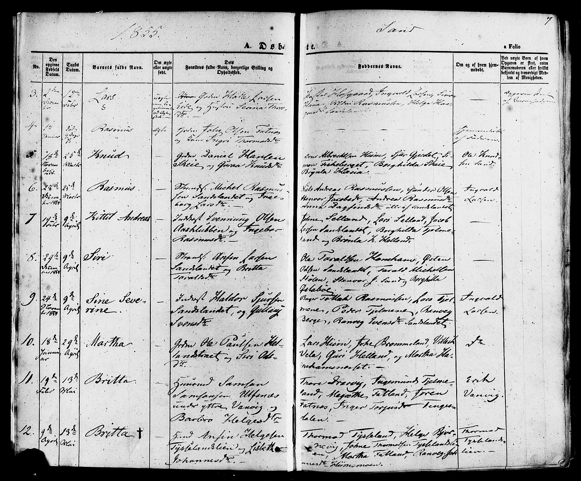 Sand sokneprestkontor, AV/SAST-A-101848/01/III/L0003: Parish register (official) no. A 3, 1854-1879, p. 7