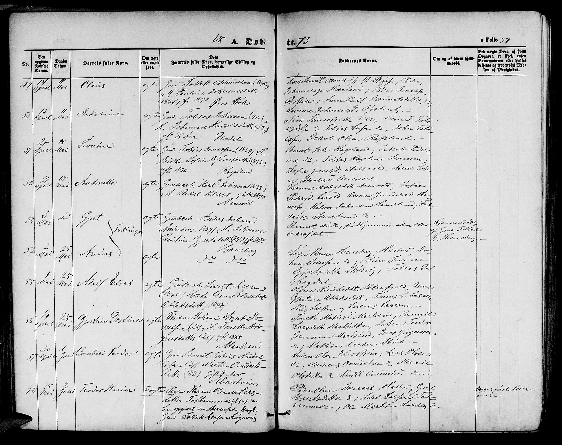 Sokndal sokneprestkontor, AV/SAST-A-101808: Parish register (copy) no. B 3, 1865-1879, p. 97