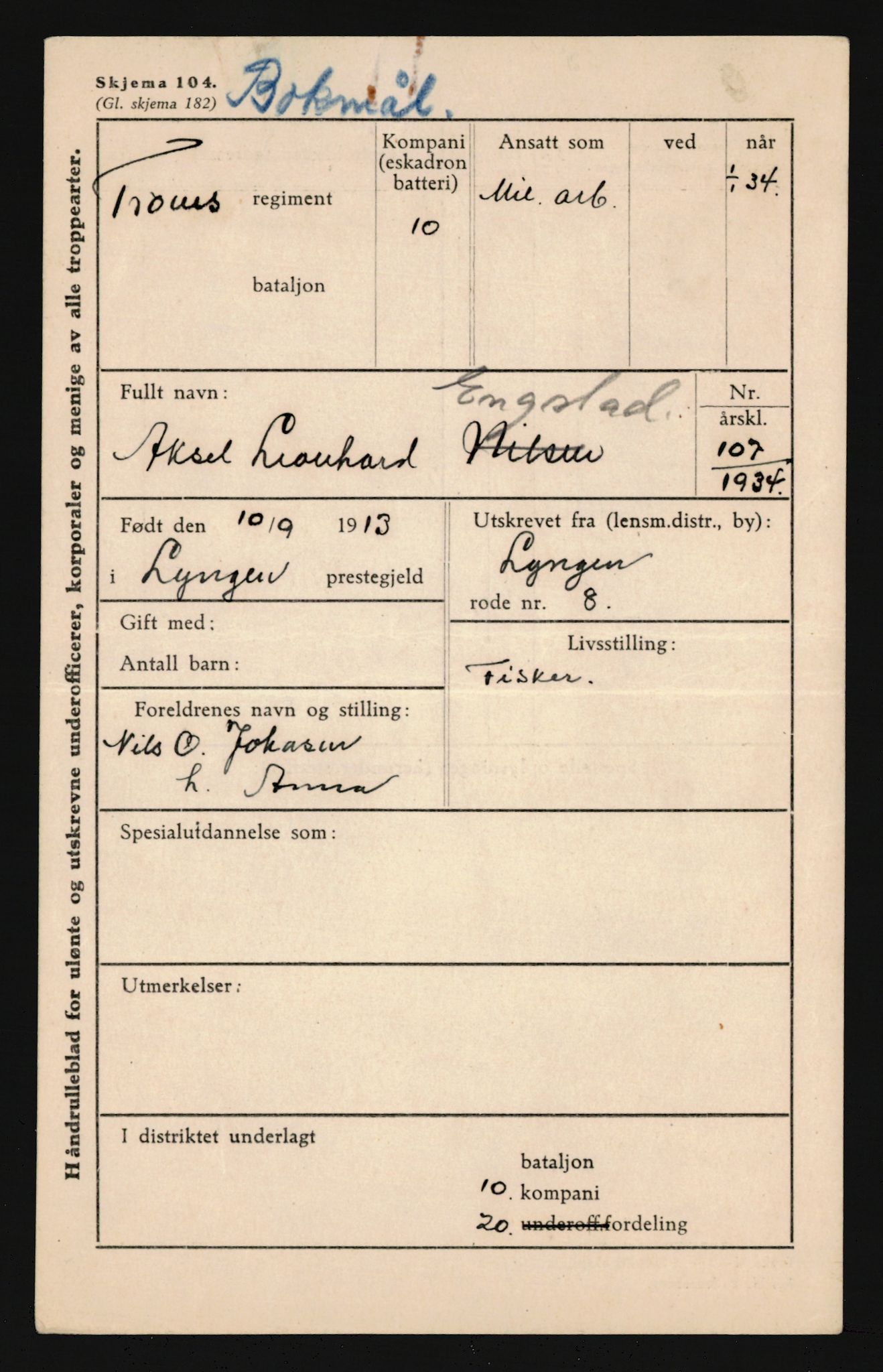 Forsvaret, Troms infanteriregiment nr. 16, AV/RA-RAFA-3146/P/Pa/L0018: Rulleblad for regimentets menige mannskaper, årsklasse 1934, 1934, p. 229