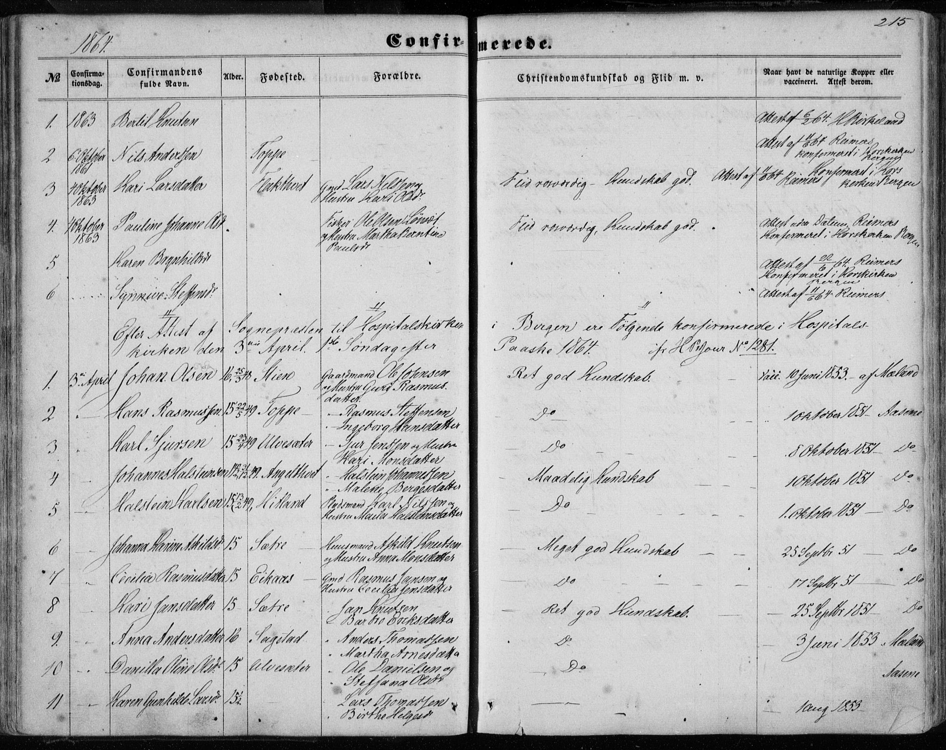 Hamre sokneprestembete, AV/SAB-A-75501/H/Ha/Haa/Haaa/L0014: Parish register (official) no. A 14, 1858-1872, p. 215