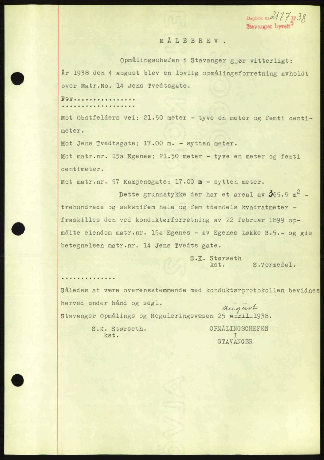Stavanger byrett, SAST/A-100455/002/G/Gb/L0013: Mortgage book no. A3, 1937-1938, Diary no: : 2177/1938