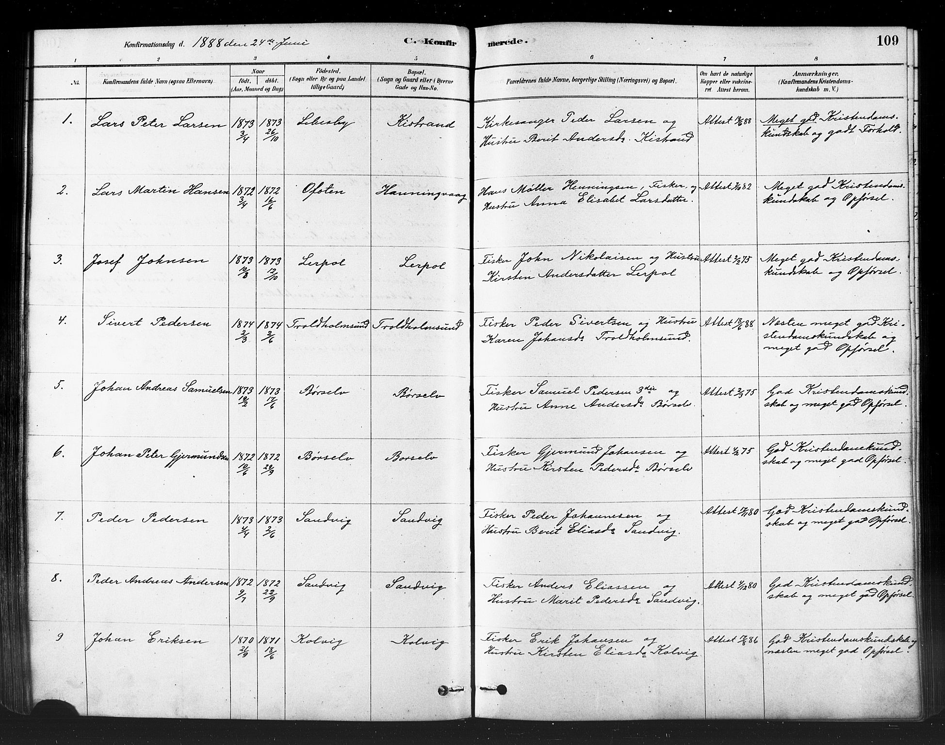 Kistrand/Porsanger sokneprestembete, SATØ/S-1351/H/Ha/L0007.kirke: Parish register (official) no. 7, 1881-1889, p. 109