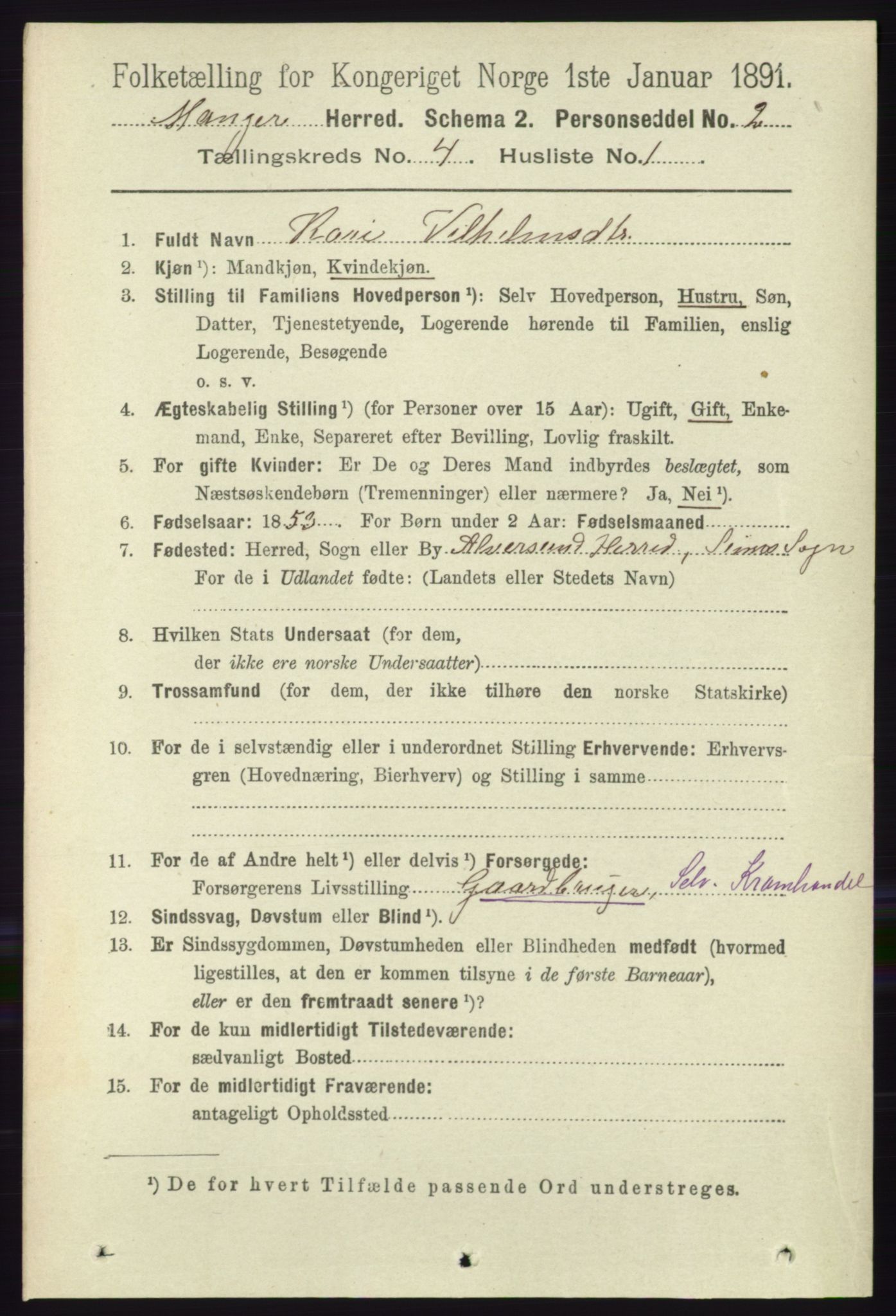 RA, 1891 census for 1261 Manger, 1891, p. 1952