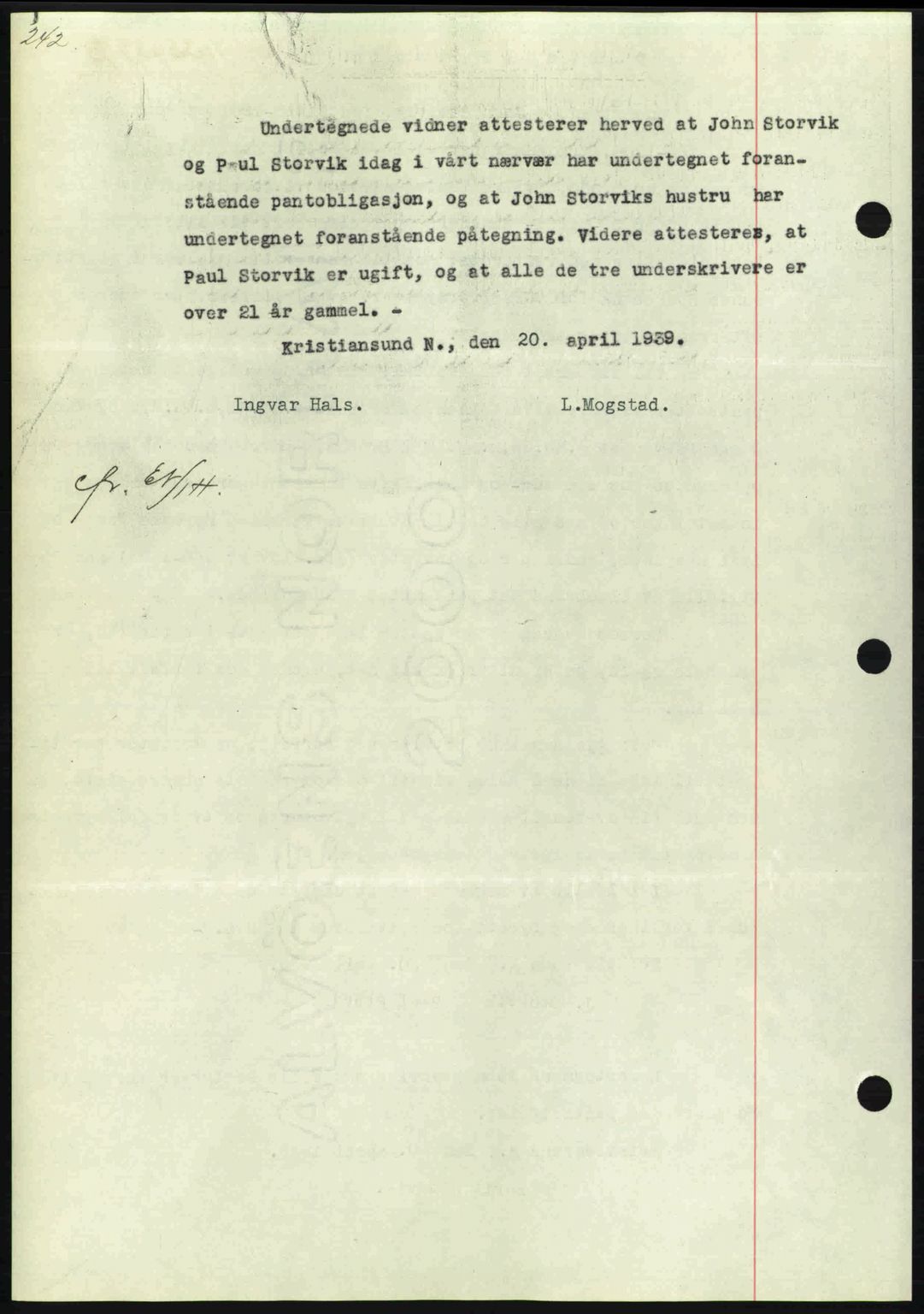 Nordmøre sorenskriveri, AV/SAT-A-4132/1/2/2Ca: Mortgage book no. B85, 1939-1939, Diary no: : 1135/1939