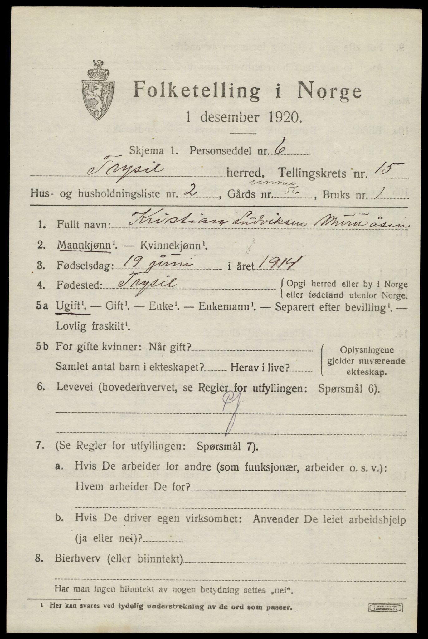 SAH, 1920 census for Trysil, 1920, p. 8807