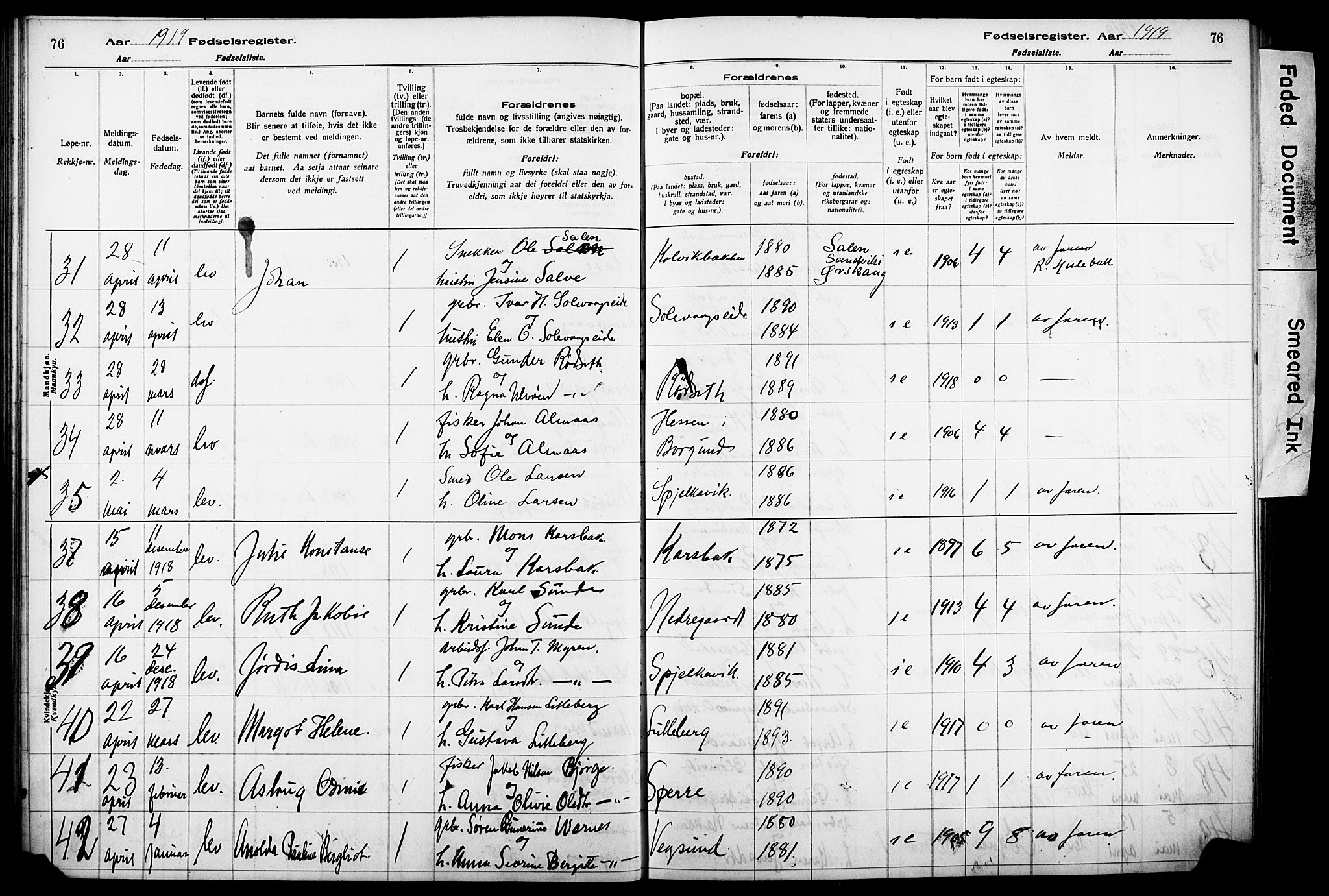 Ministerialprotokoller, klokkerbøker og fødselsregistre - Møre og Romsdal, SAT/A-1454/528/L0442: Birth register no. 528.II.4.1, 1916-1924, p. 76