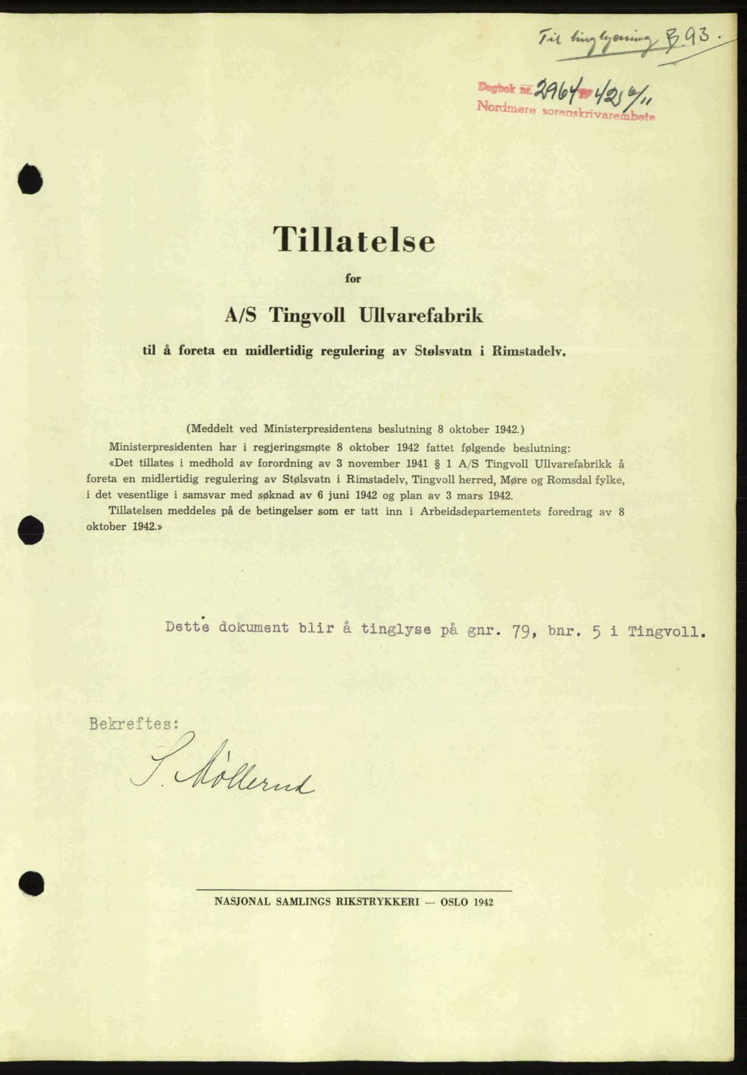 Nordmøre sorenskriveri, AV/SAT-A-4132/1/2/2Ca: Mortgage book no. B90, 1942-1943, Diary no: : 2964/1942