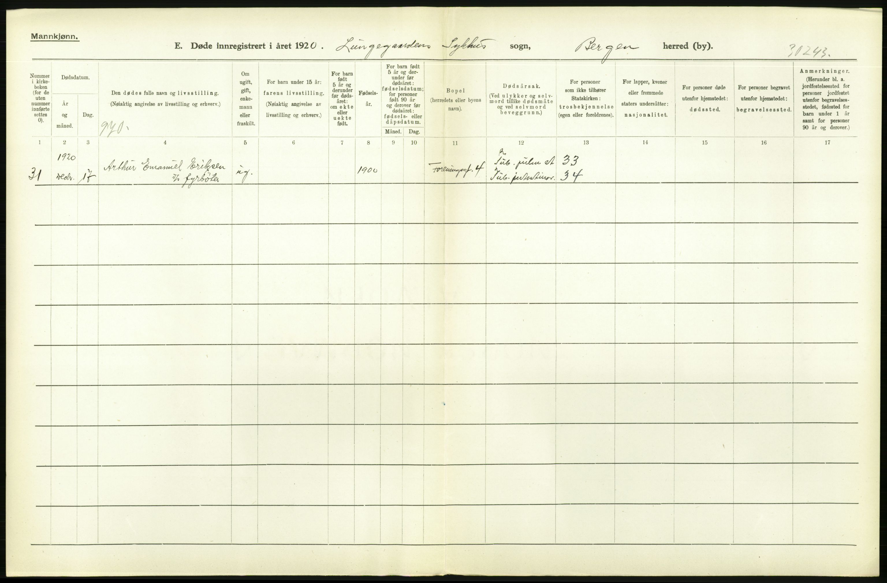 Statistisk sentralbyrå, Sosiodemografiske emner, Befolkning, AV/RA-S-2228/D/Df/Dfb/Dfbj/L0042: Bergen: Gifte, døde, dødfødte., 1920, p. 388