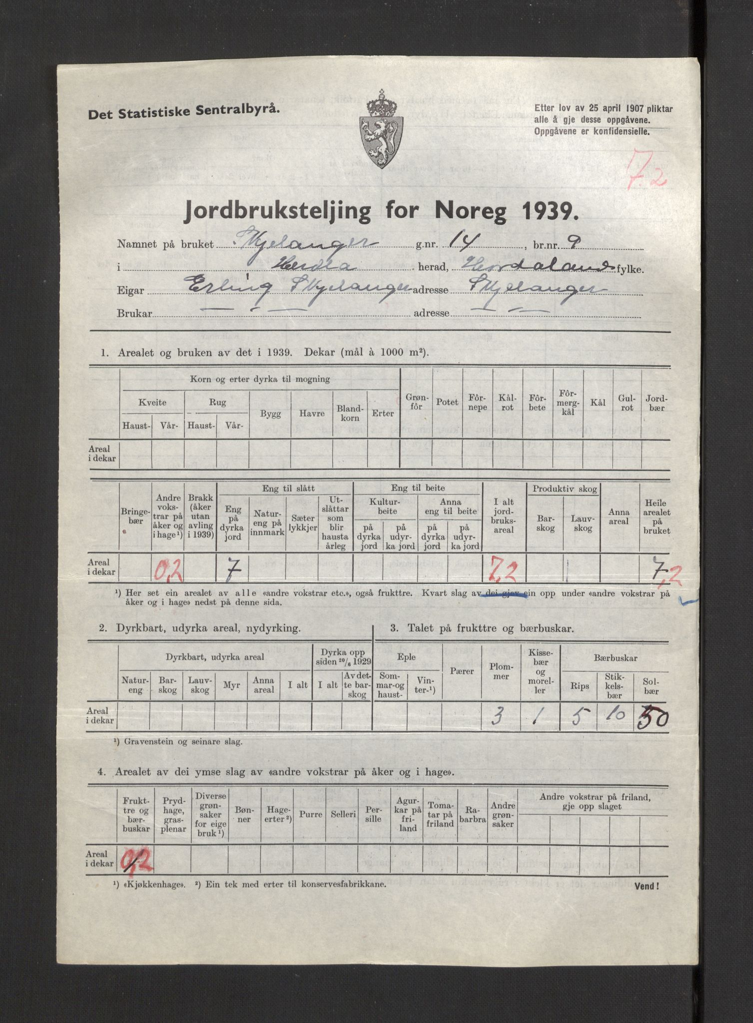 Statistisk sentralbyrå, Næringsøkonomiske emner, Jordbruk, skogbruk, jakt, fiske og fangst, AV/RA-S-2234/G/Gb/L0211: Hordaland: Herdla, Hjelme og Manger, 1939, p. 365